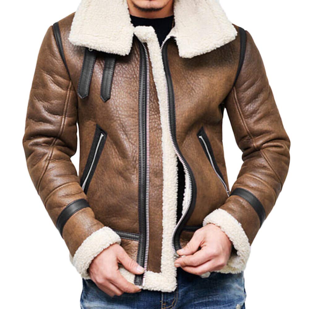 ZEFOTIM Men's Winter Warm Faux Fur Lined Leather Jacket with High Neck & Zipper - Stylish Cold Weather Coat for Outdoor Activities & Casual Wear