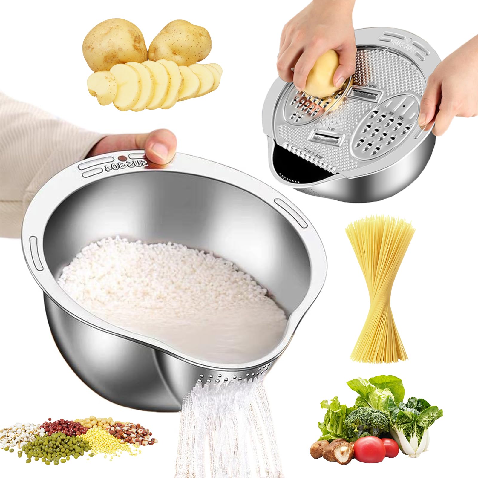 Stainless Steel Rice Washer Strainer Bowl with Grater - Multi-Purpose Colander with Side Drainer for Cleaning Rice, Quinoa, Fruits, Vegetables & Beans | Perfect for Kitchen, Cooking, Meal Prep & Healthy Eating