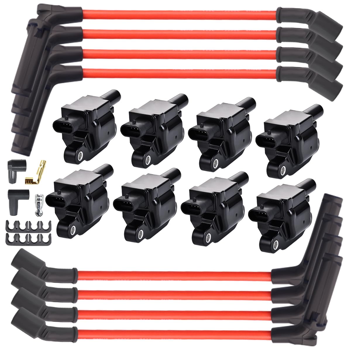 MAS Set of 8 High Performance UF413 Ignition Coils with 8.5mm Spark Plug Wires - Compatible with Cadillac Chevy GMC (4.8L 5.3L 6.0L 6.2L) - Perfect for Canyon Tahoe LaCrosse Escalade Express Savana Silverado SSR Yukon CTS - Enhances Engine Performance & Fuel Efficiency
