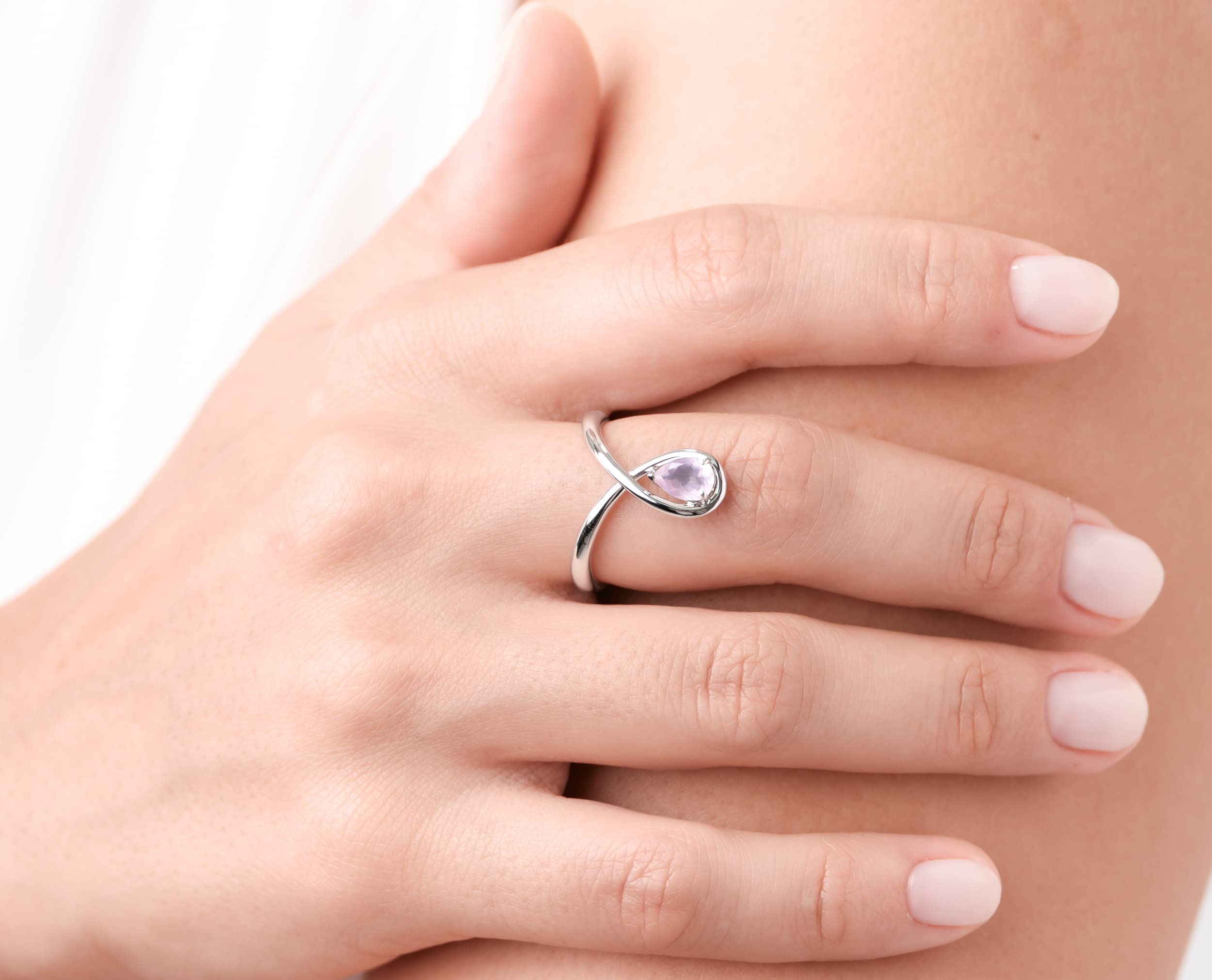 Rose Quartz Solitaire Engagement Ring - Minimalist Teardrop Wedding Band - October Birthstone Jewelry in White Gold - Perfect for Proposals, Bridal Gifts & Anniversary Celebrations