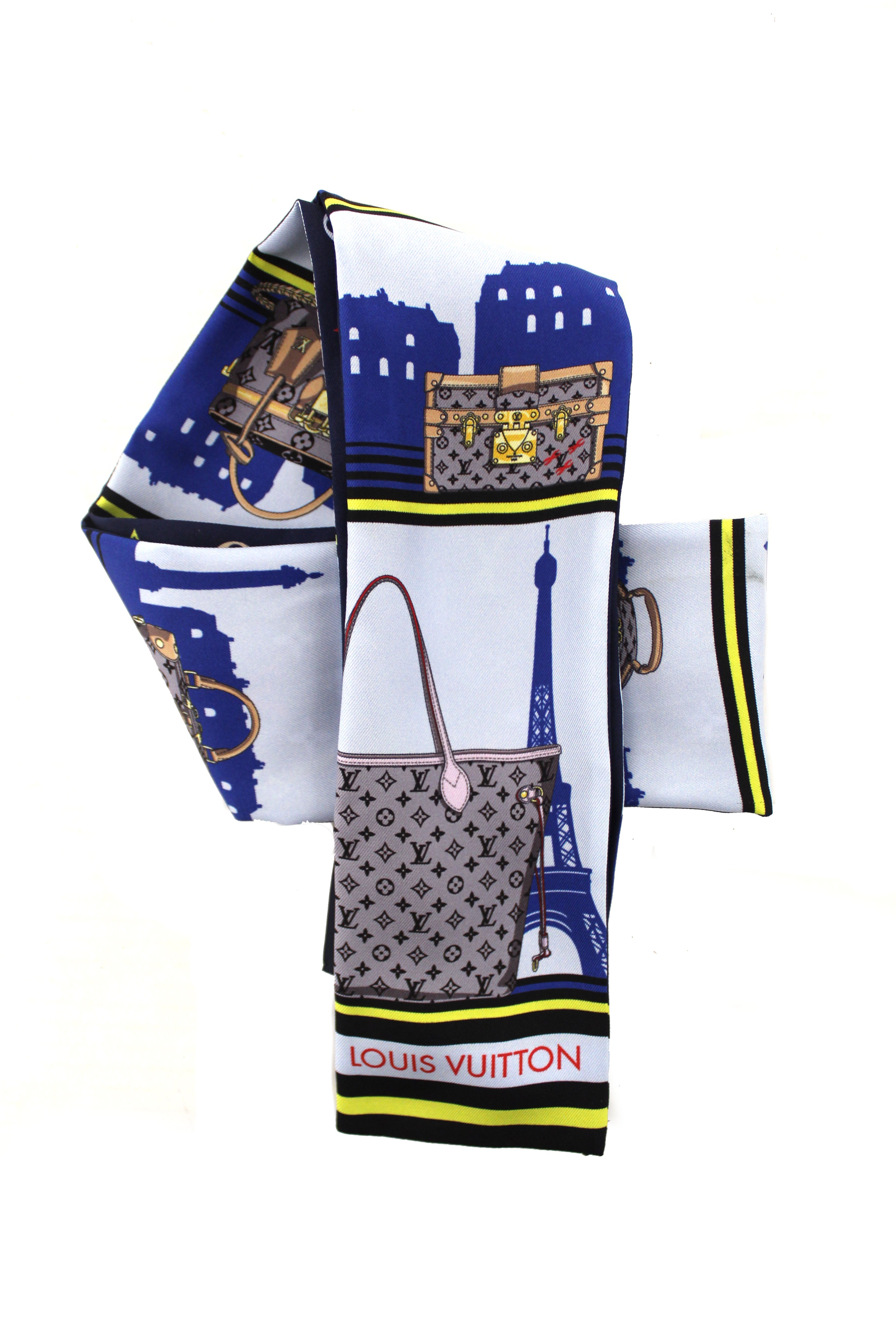 Authentic Louis Vuitton Blue Silk Monogram Skyline Bandeau Scarf - Luxury Fashion Accessory for Women, Perfect for Travel, Parties & Gifts