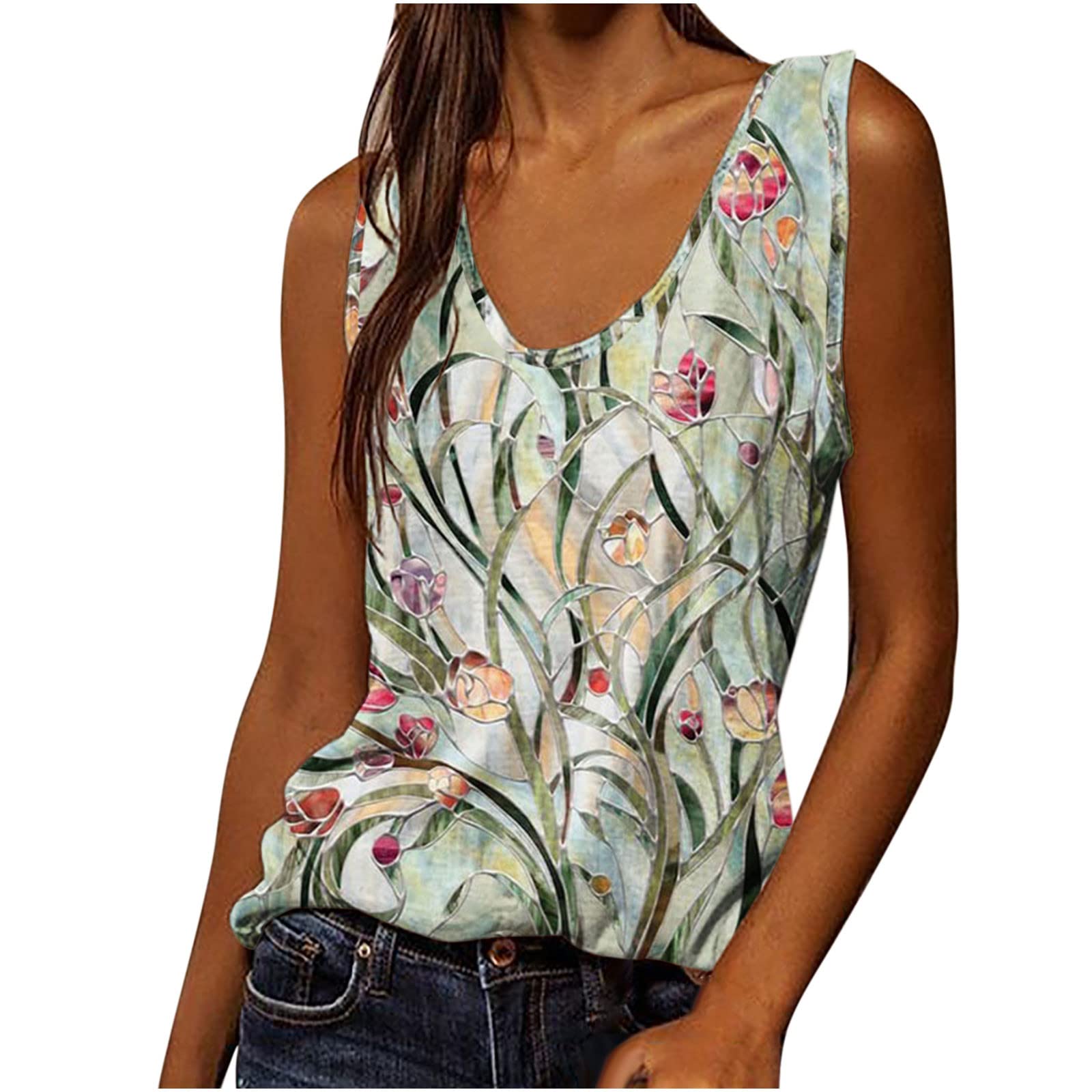 Stylish Women's V-Neck Printed Tank Tops - Plus Size Summer Sleeveless Tees for Casual Wear | Beach Outfits, Vacation Essentials & Everyday Comfort