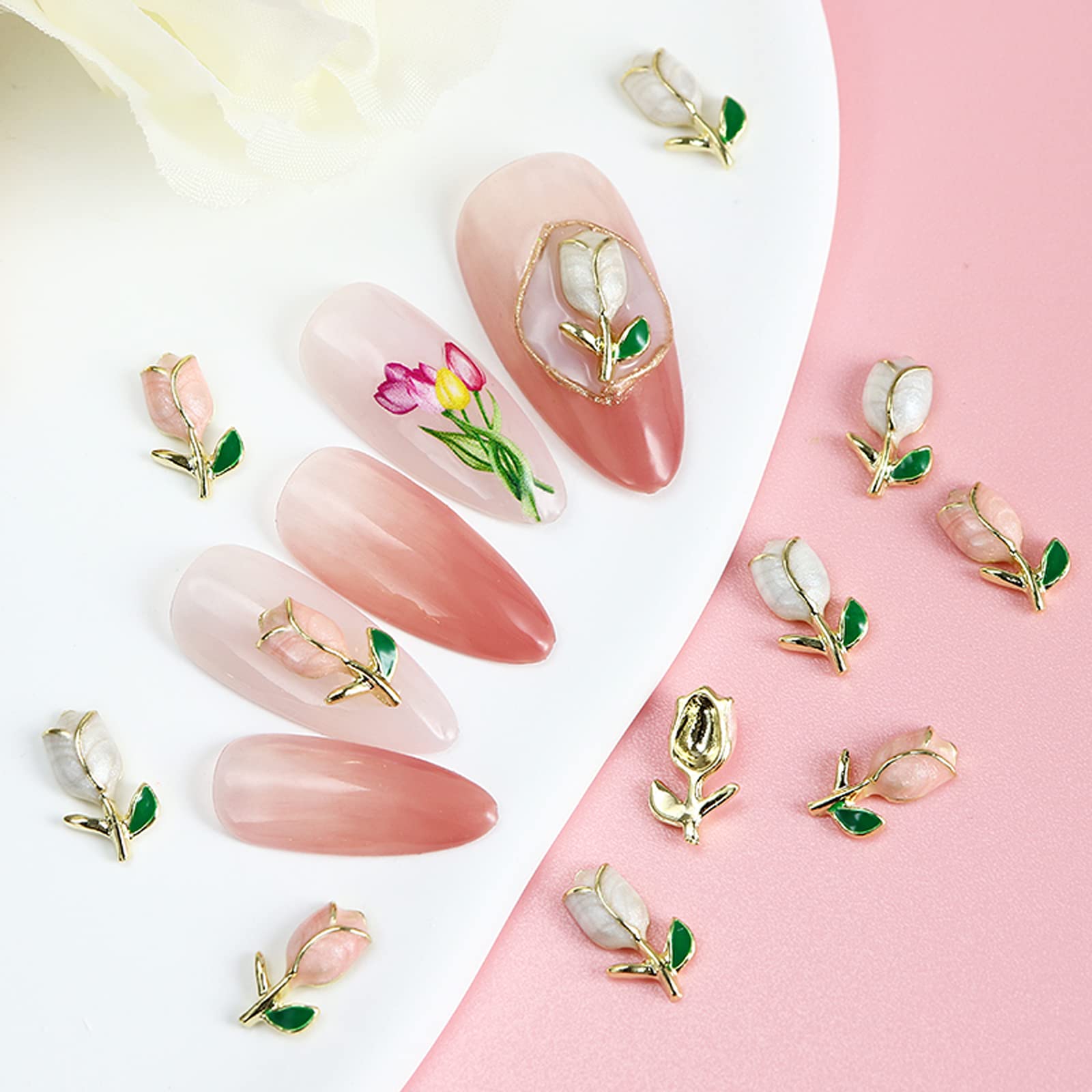 40PCS 3D Tulip Nail Art Charms - Flat Back Flower Nail Decorations for DIY Nail Designs | Perfect for Spring Nails, Bridal Manicures & Women's Nail Art Accessories