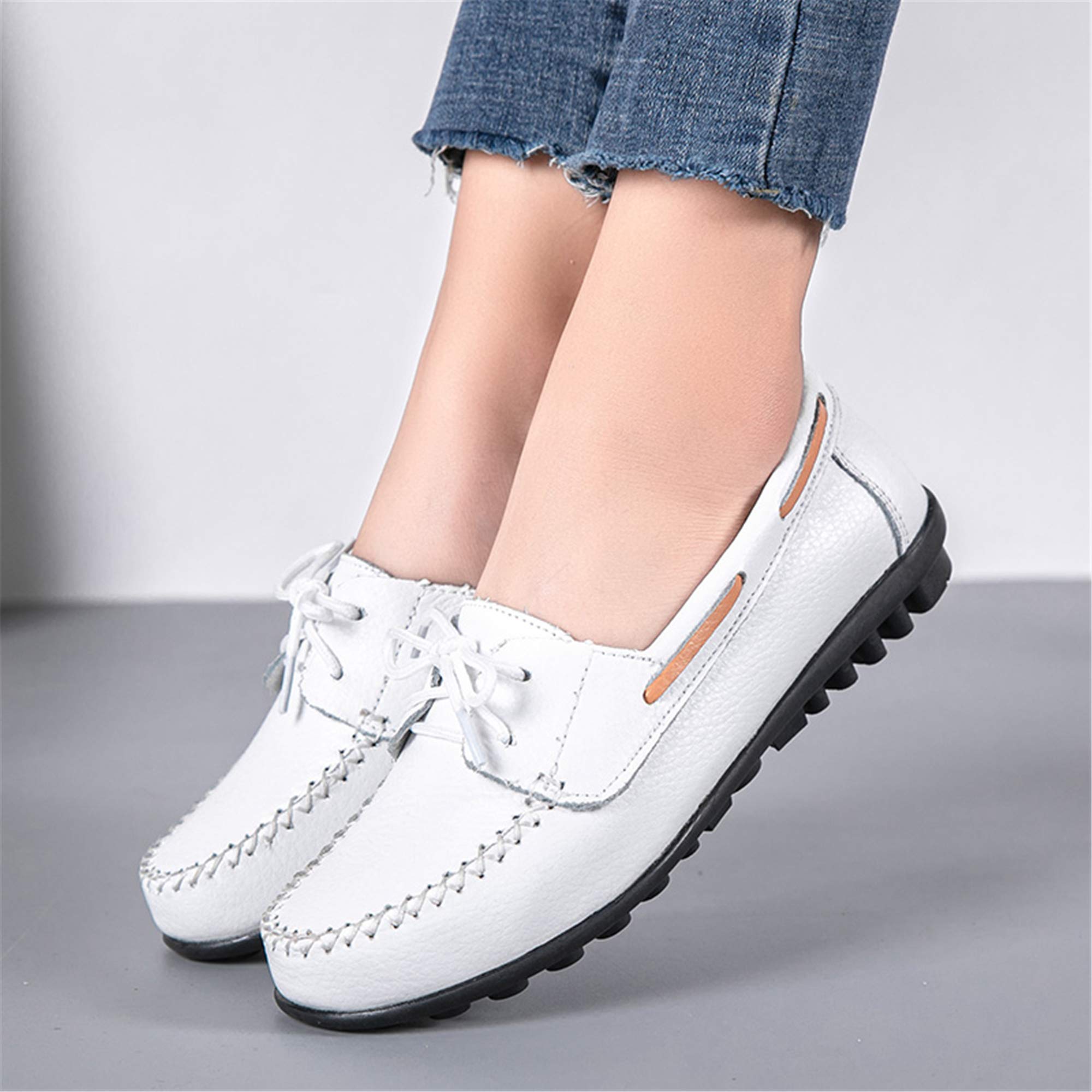 Women's Comfortable Leather Loafers - Slip On Soft Driving Shoes for Casual Wear & Work - Breathable Flat Shoes in White - Perfect for Office, Travel & Everyday Use