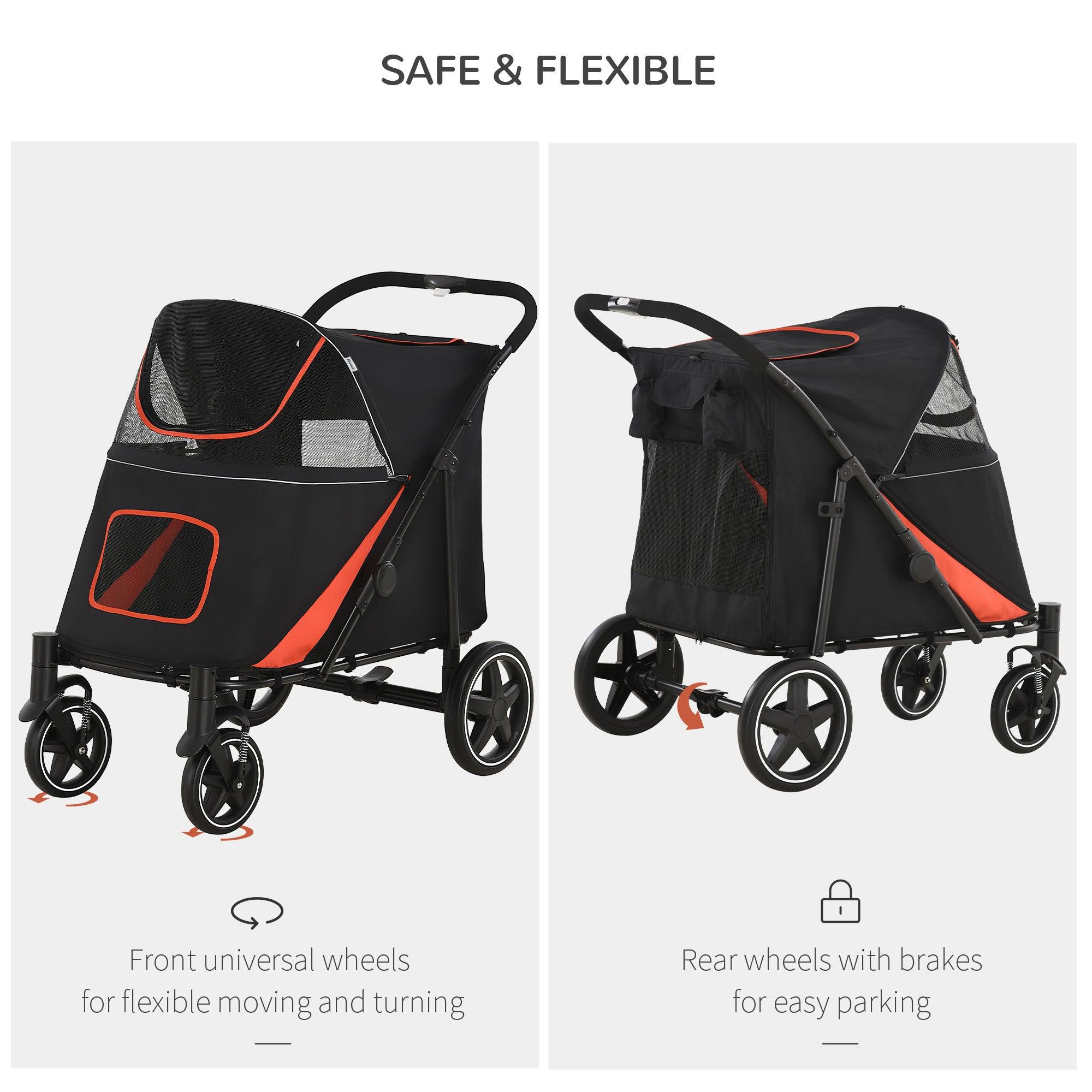 1 Click Foldable Dog Stroller for Medium & Large Dogs - Pet Stroller with Storage Basket, Shock Absorption Wheels & Mesh Windows - Safe Walking Stroller with Leash for Big Dogs (Black) - Perfect for Park Visits, Shopping & Outdoor Adventures