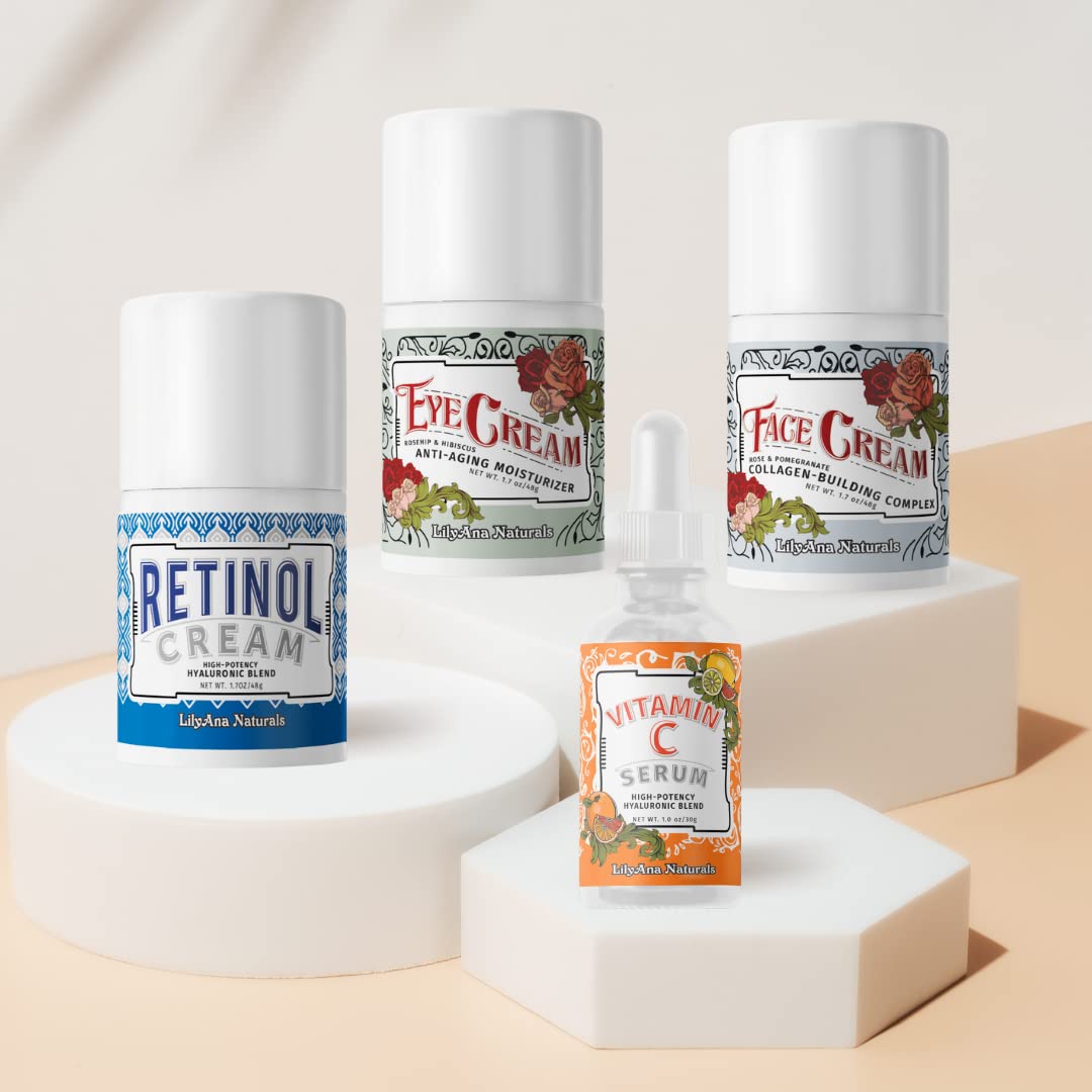 LilyAna Naturals Anti-Aging Skincare Gift Set for Women - Retinol Cream, Vitamin C Serum, Eye Cream & Face Moisturizer - Wrinkle Reduction & Brightening Treatment - Perfect for Daily Routine & Gift Giving