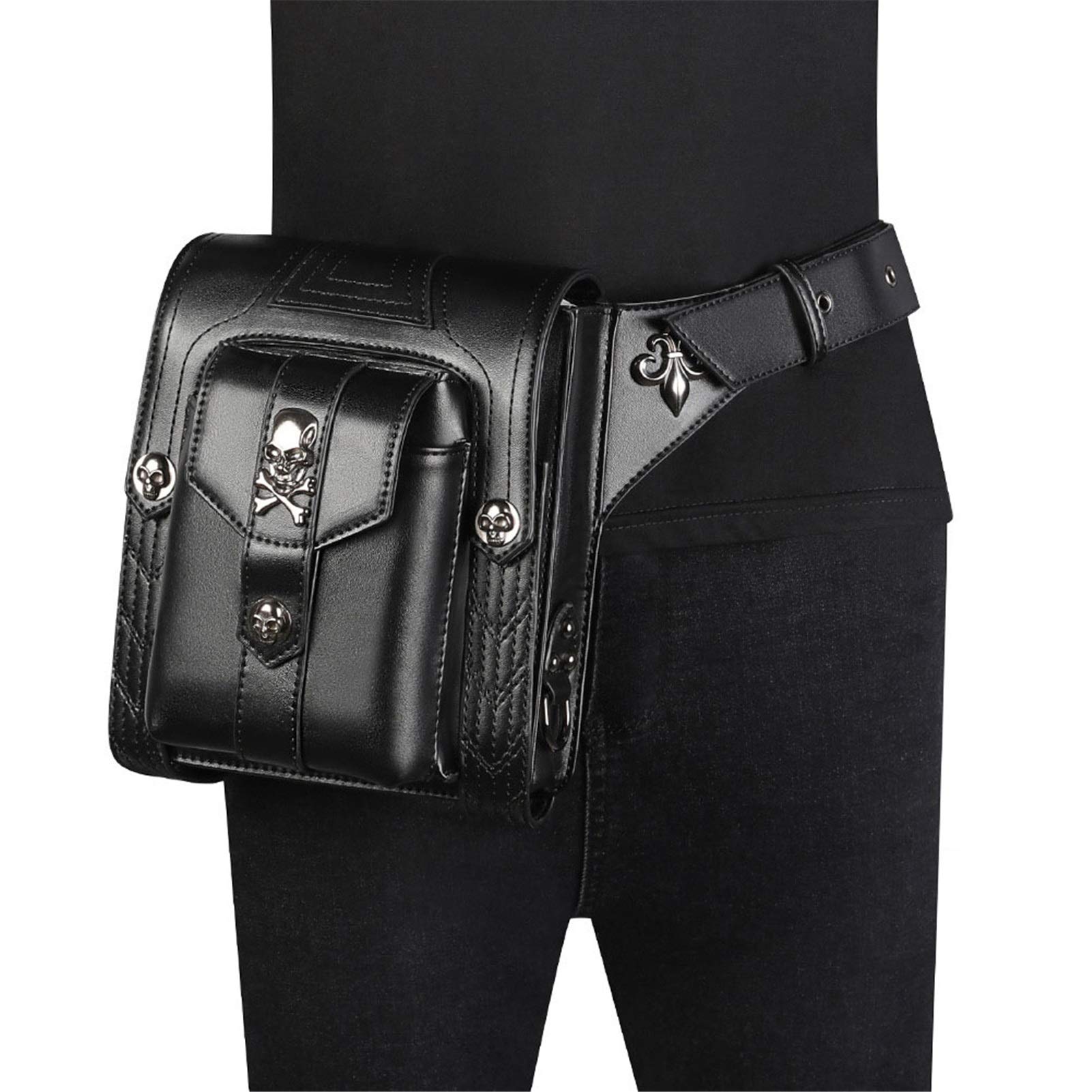 Steampunk Leather Waist Bag Fanny Pack - Gothic Retro Messenger Bag with Chain for Travel, Hiking & Daily Use - Black One Size Waist Pouch Purse Thigh Holster Wallet (Ideal for Outdoor Adventures, Concerts & Cosplay)