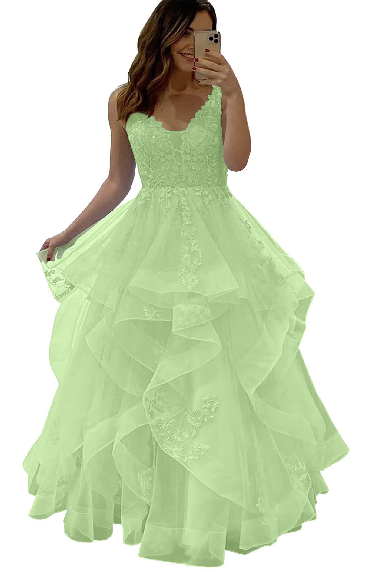 Elegant Women's Prom Dresses Long Ball Gowns Fluffy Layered Formal Evening Dress V-Neck Tulle Lace Applique Sleeveless - Perfect for Homecoming, Wedding, Gala & Special Occasions