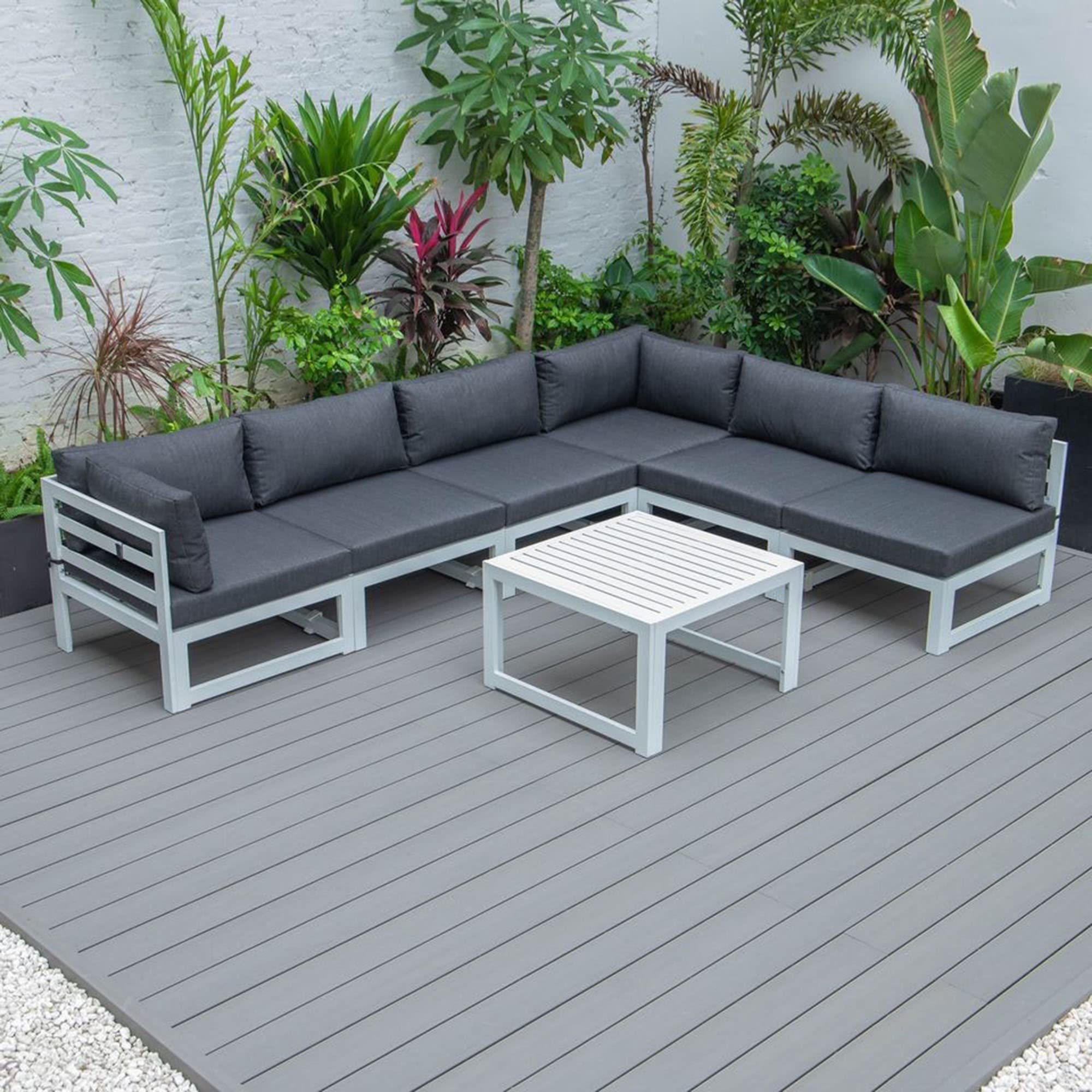 LeisureMod Chelsea 7-Piece Outdoor Patio Conversation Set - White Aluminum Furniture with Coffee Table & Weather-Resistant Cushions (Black) - Perfect for Garden, Backyard, Poolside & Terrace Relaxation