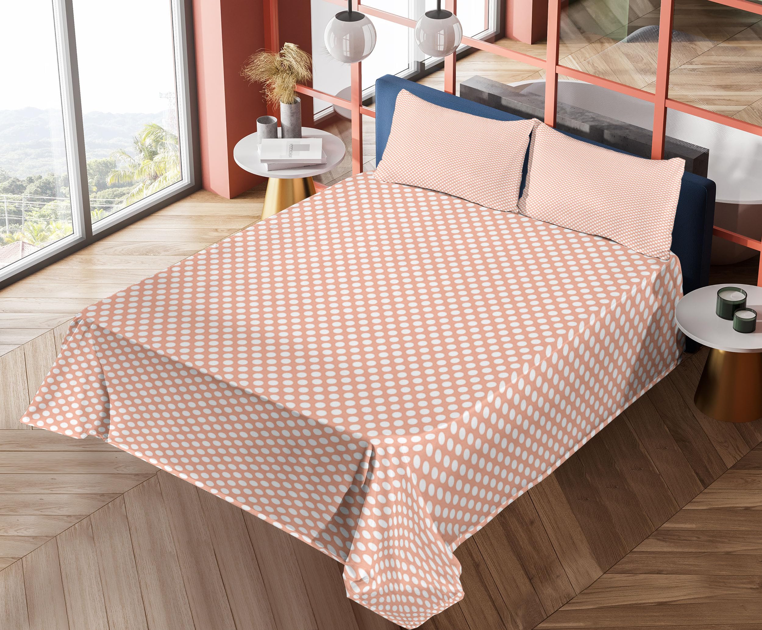 Ambesonne Abstract King Size 4-Piece Sheet Set - Monochrome Polka Dots, Symmetrical Circle Design, Peach & White - Soft Bedding for Modern Bedrooms, Guest Rooms & Dorm Decor