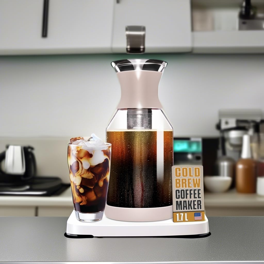 Premium Cold Brew Coffee Maker with Glass Pitcher & Lid - 1.7L Iced Coffee & Tea Infuser with Removable Filter - Perfect for Home, Office & Outdoor Use - Beige