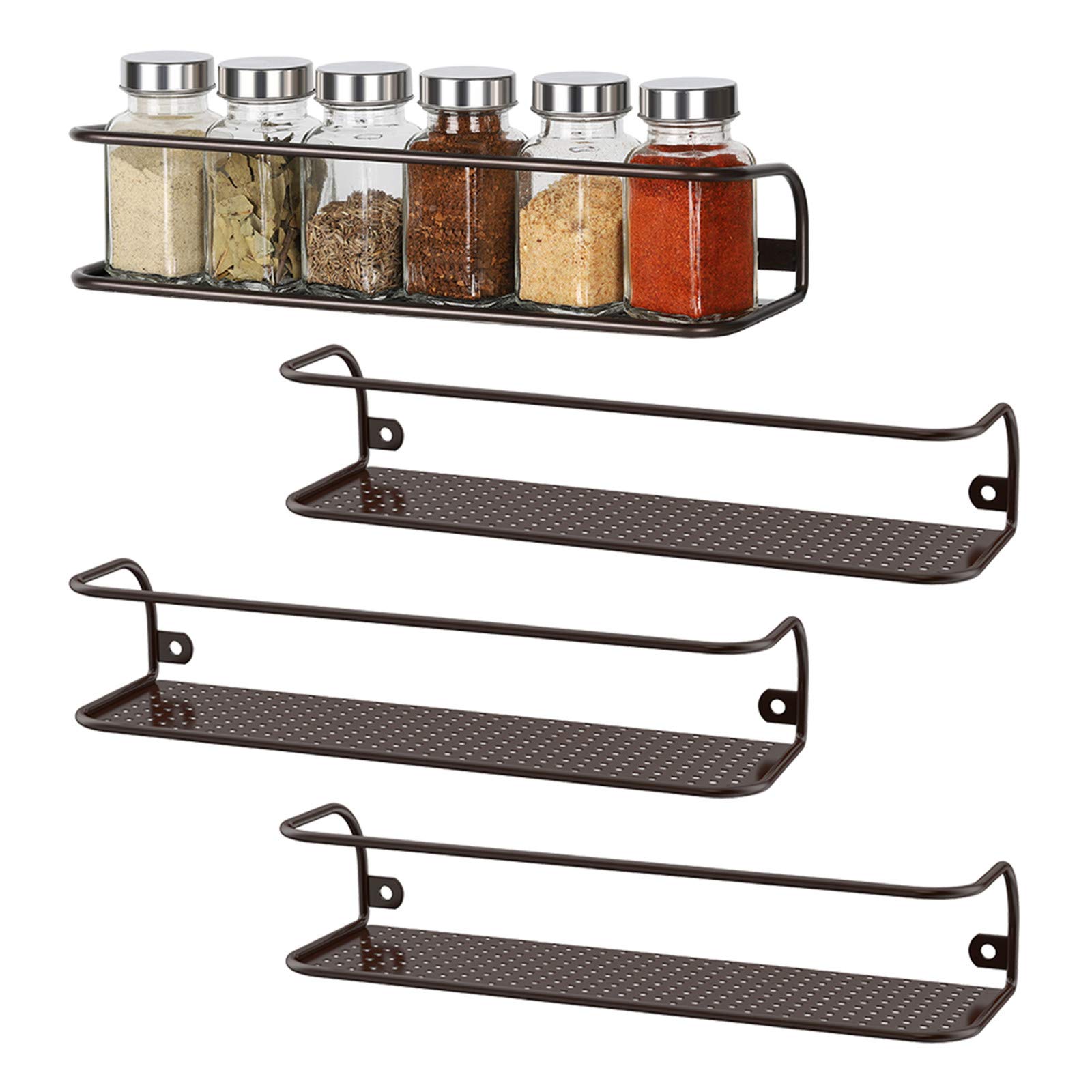NEX 4-Pack Wall Mounted Spice Rack Organizer - Kitchen Cabinet & Pantry Storage Shelf for Seasonings (Brown) - Perfect for Small Spaces & Spice Organization