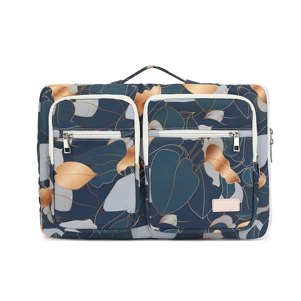 360° Protective Laptop Sleeve Case for MacBook Pro 16/15 inch & 15.6 inch Laptops - Waterproof Shockproof with 4 Storage Pockets - Perfect for Travel, Office & School (Blue Leaf Pattern)