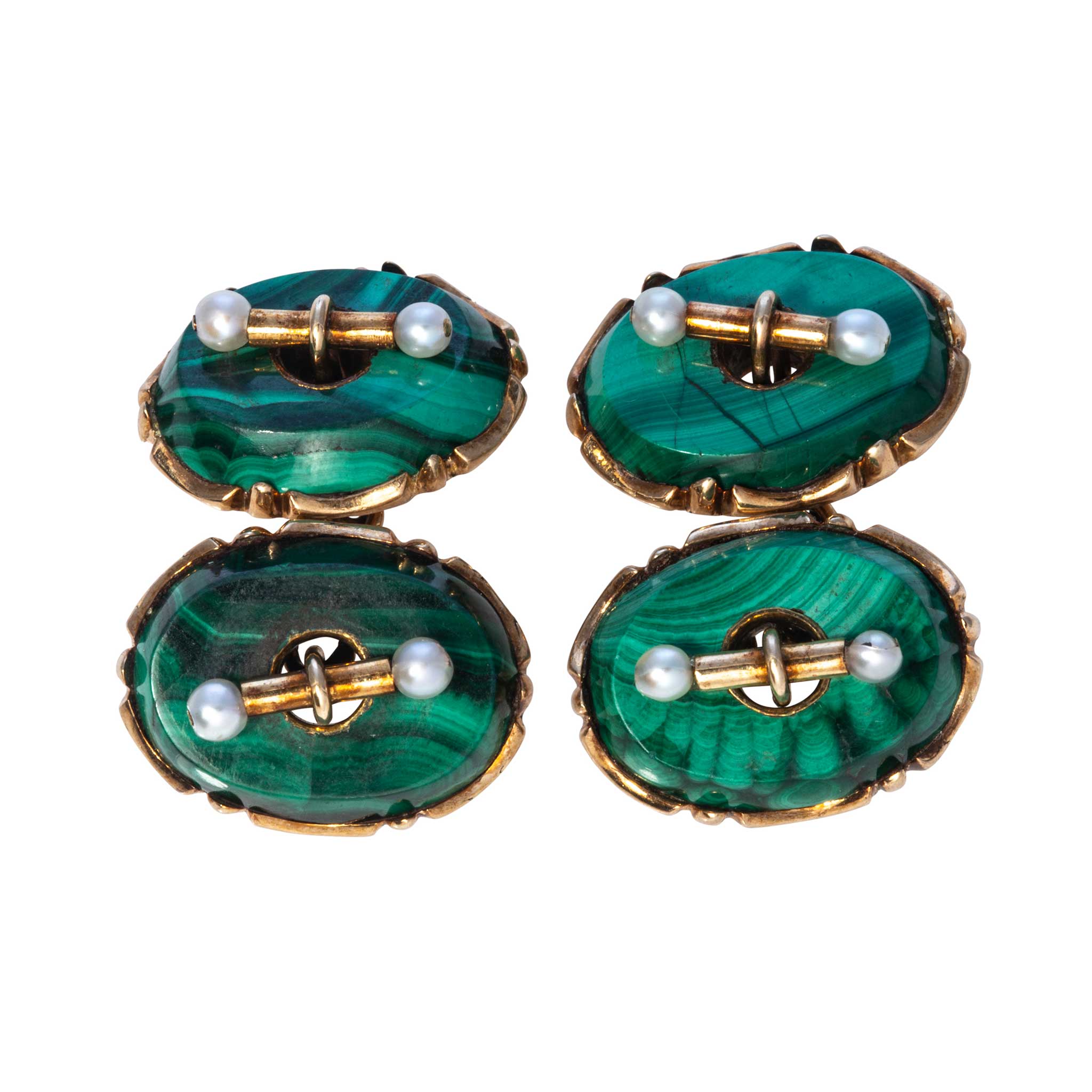 Victorian Style Malachite & Seed Pearl 14K Gold Oval Cufflinks for Men - Elegant Dress Accessories for Weddings, Formal Events & Business Occasions