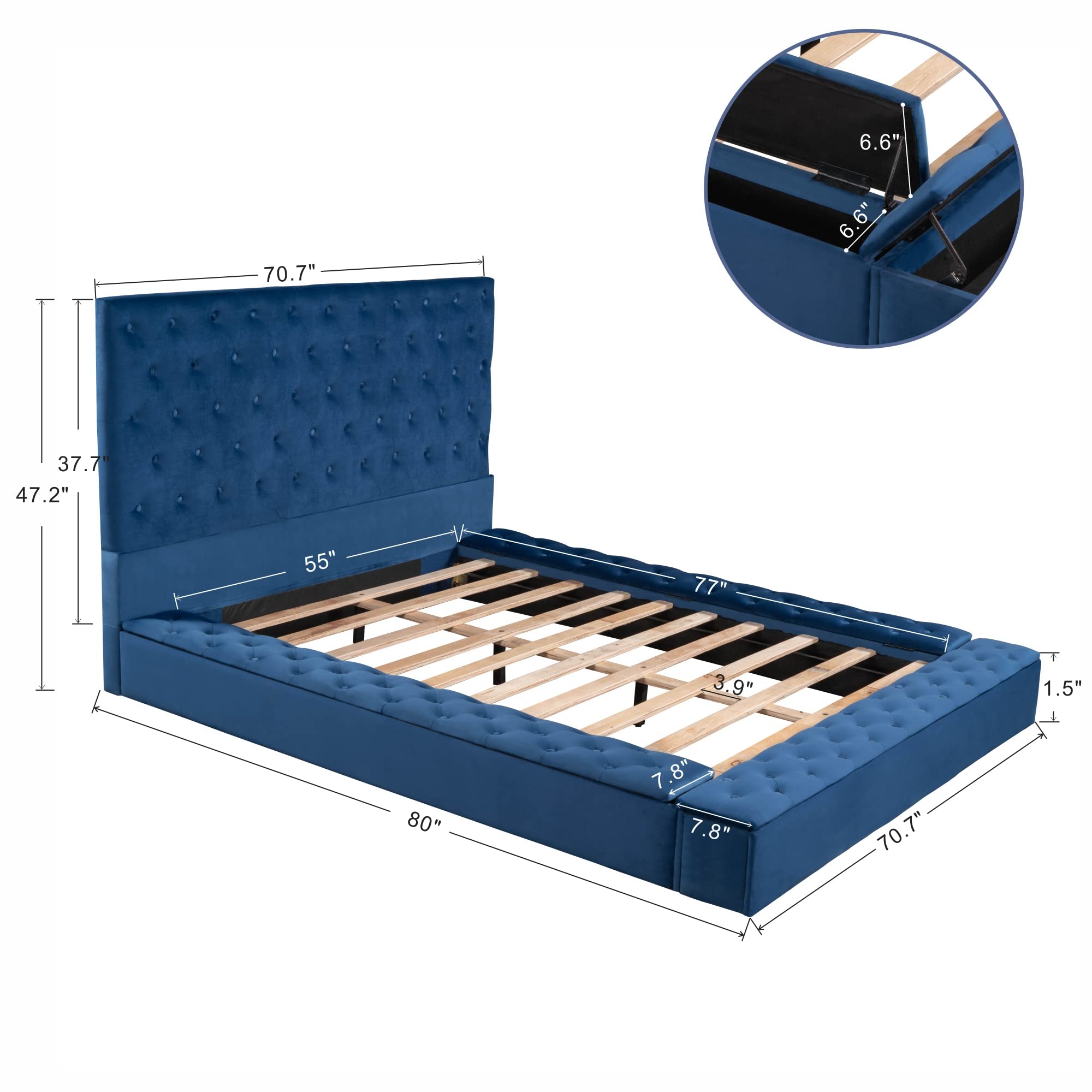 Luxury Velvet Upholstered Full Size Platform Bed with Deep Button Tufting & Side Storage - 80