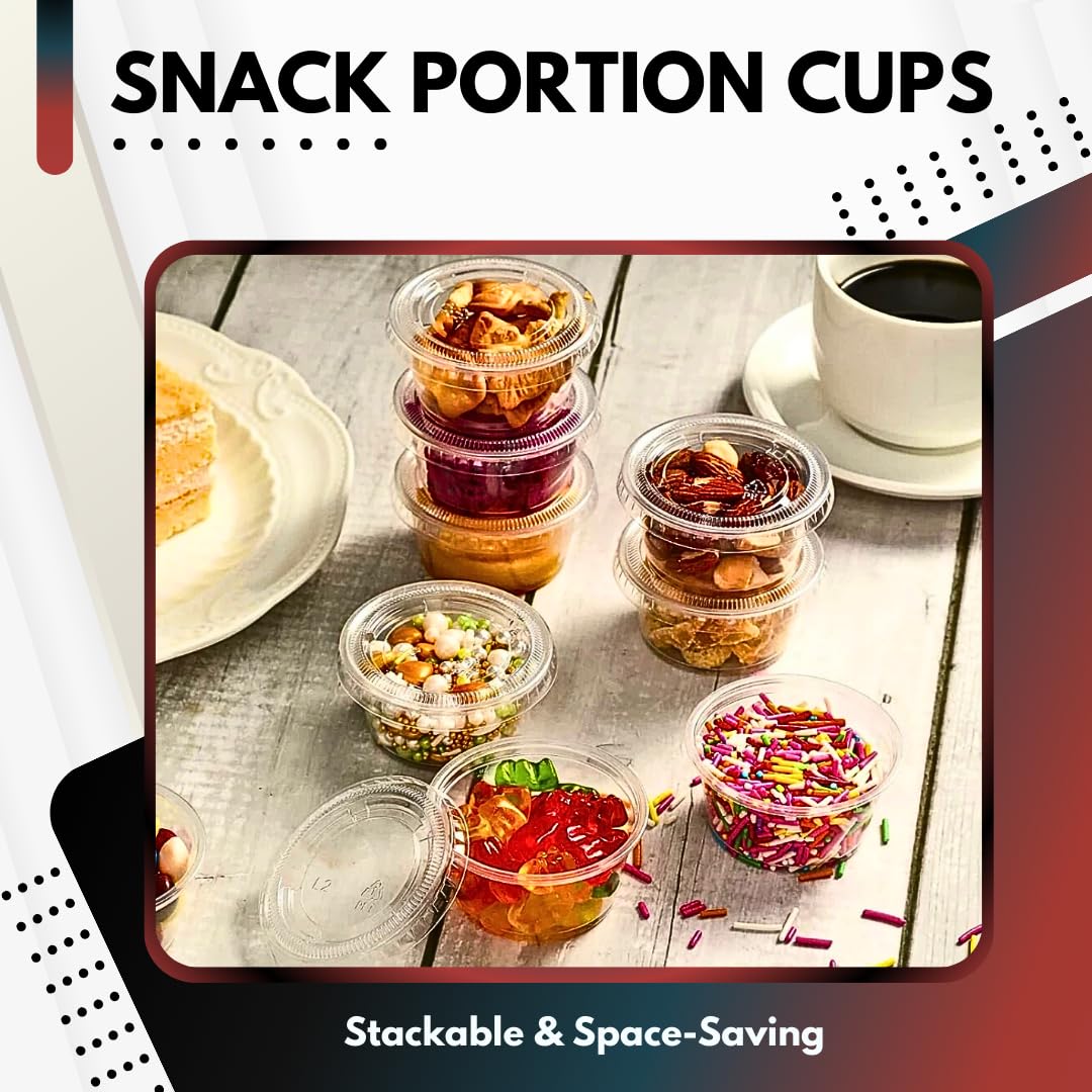 2 oz. Disposable Plastic Jello Shot Cups with Lids - 100 Pack | Small Portion Containers for Souffle, Condiments, Salad Dressing & Dipping Sauces | Perfect for Parties, Catering, Restaurants & Portion Control