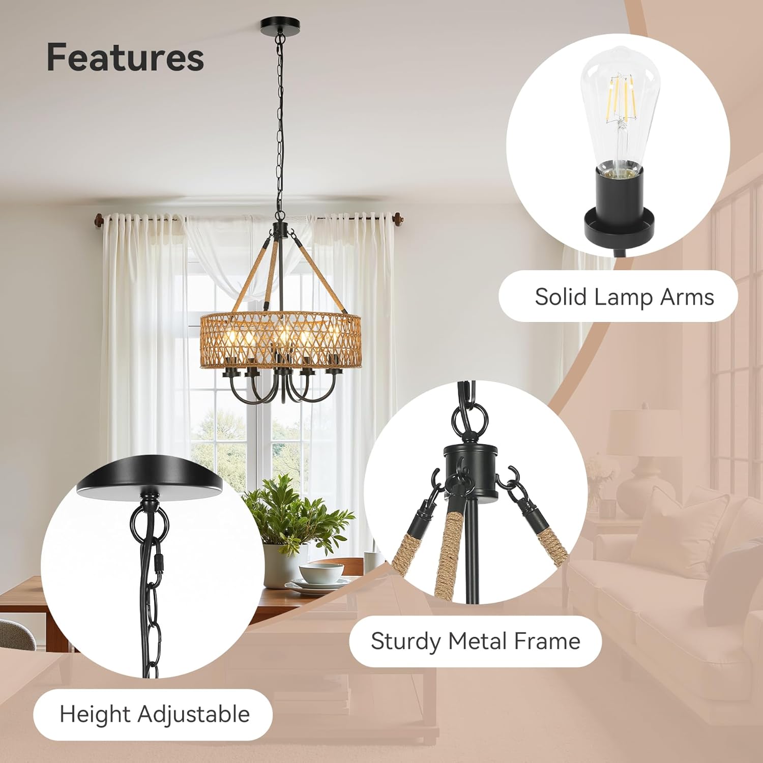 5-Light Boho Chandelier - Handwoven Rattan Pendant Lighting Fixture for Dining Room, Bedroom or Living Room Decoration