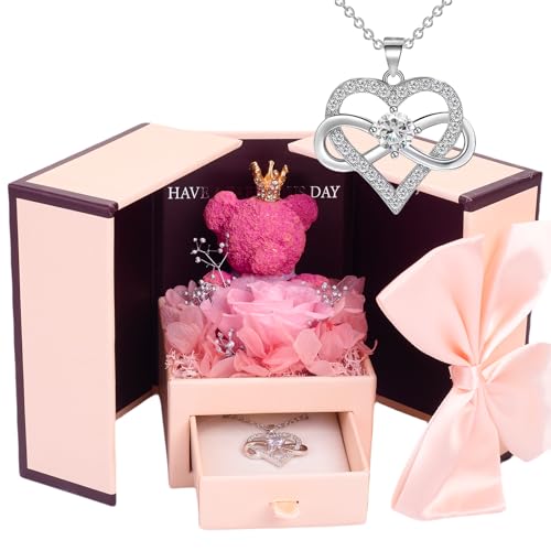 Pink Preserved Roses Gifts Box With 8-heart Necklace