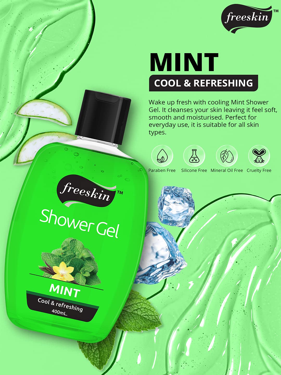 Freeskin Mint Body Wash & Shower Gel - 400ml Paraben Free, Sulfate Free, Mineral Oil Free - Refreshing Unisex Cleanser for Dry & Sensitive Skin - Perfect for Daily Shower & Post-Workout Hydration