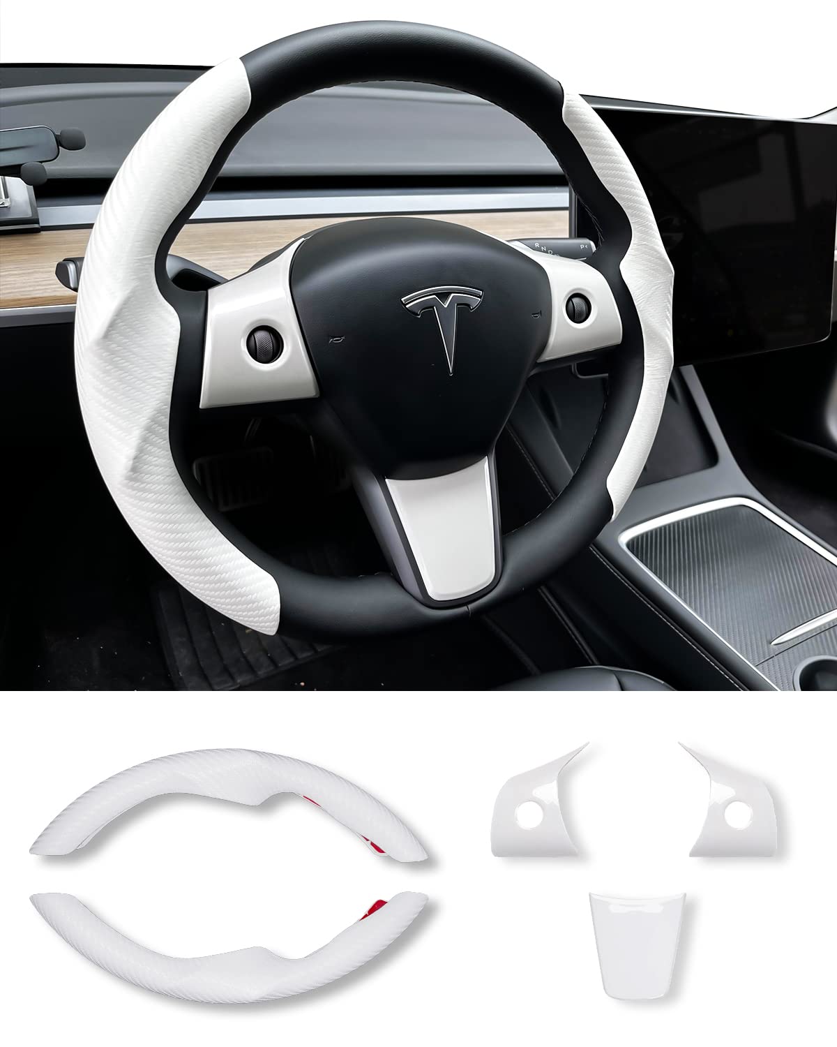 Premium Carbon Fiber Steering Wheel Cover & ABS Wrap Kit for Tesla Model 3/Y - White | Enhances Grip & Style | Perfect for Daily Commute & Road Trips
