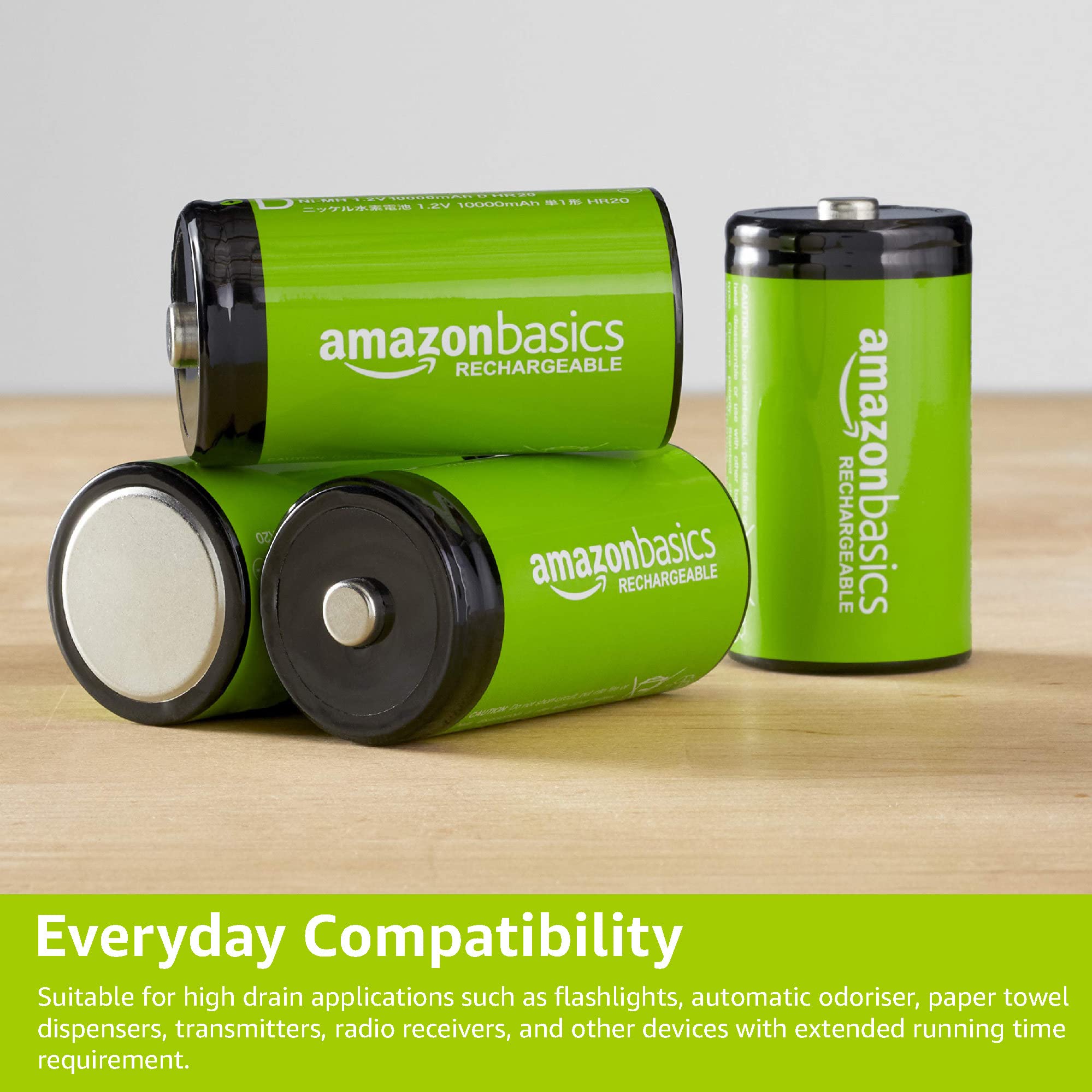 Amazon Basics Rechargeable D Cell Batteries - 4 Pack NiMH 10000mAh High Capacity - 1000 Charge Cycles - Pre-Charged for Immediate Use - Ideal for Flashlights, Toys, Radios & Emergency Power Backup
