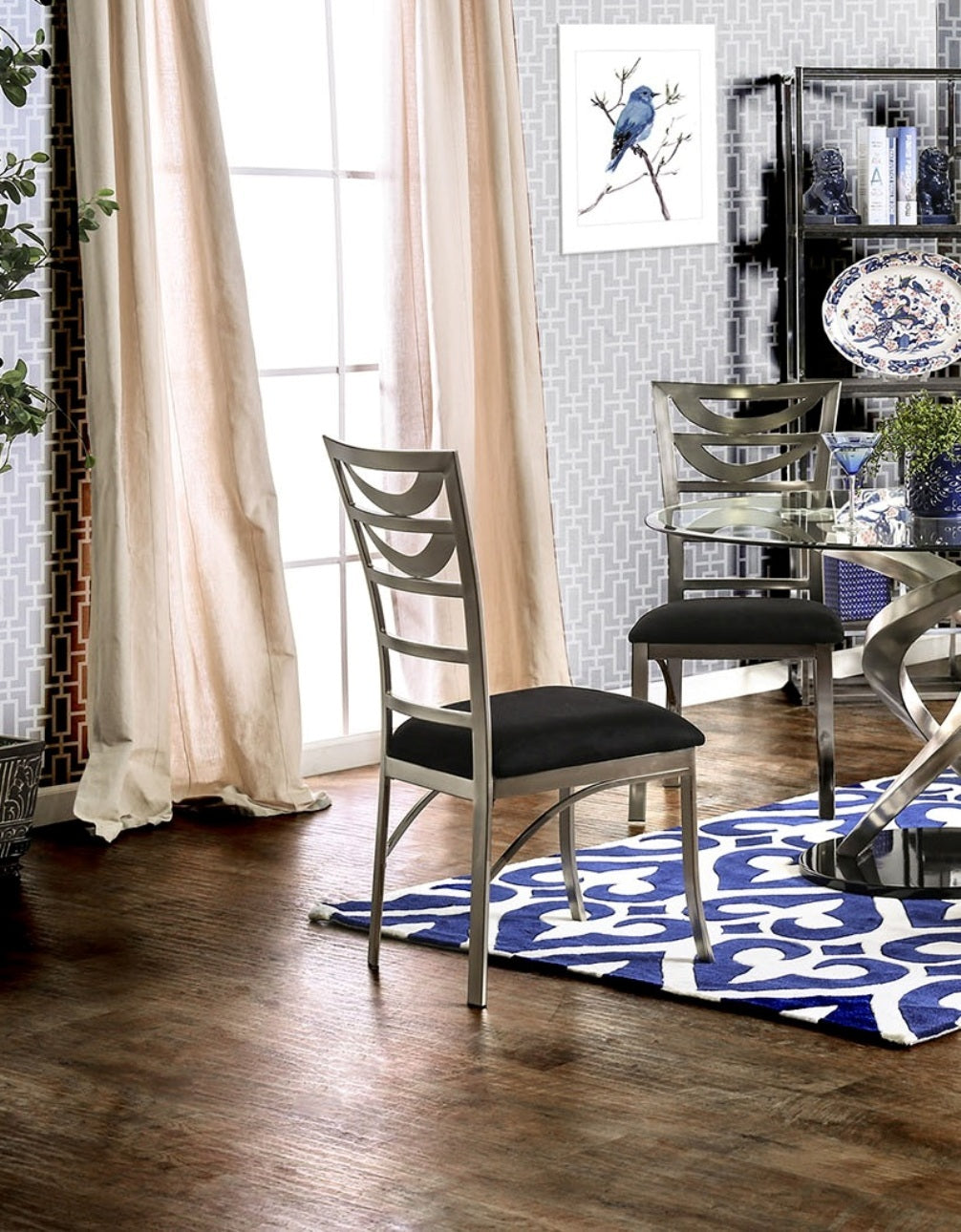 Modern Silver Metal 2-Piece Dining Chair Set with Black Microfiber Seat - Ladder Back Design with Satin Powder Coating - Perfect for Kitchen, Dining Room, and Breakfast Nook