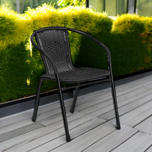 Flash Furniture Lila Modern Rattan Stackable Dining Chairs - Indoor/Outdoor Use - Set of 4 Black Bistro Chairs for Patio, Restaurant, Cafe or Garden Dining - Weather-Resistant & Space-Saving Design