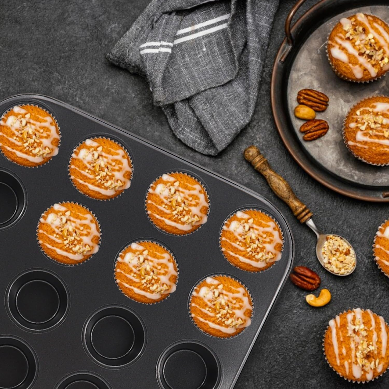 2 Pack Premium Non-Stick Mini Muffin Pan - 24 Cup Baking Tray, Oven & Dishwasher Safe Steel Bakeware (Black) - Perfect for Cupcakes, Muffins & Party Desserts