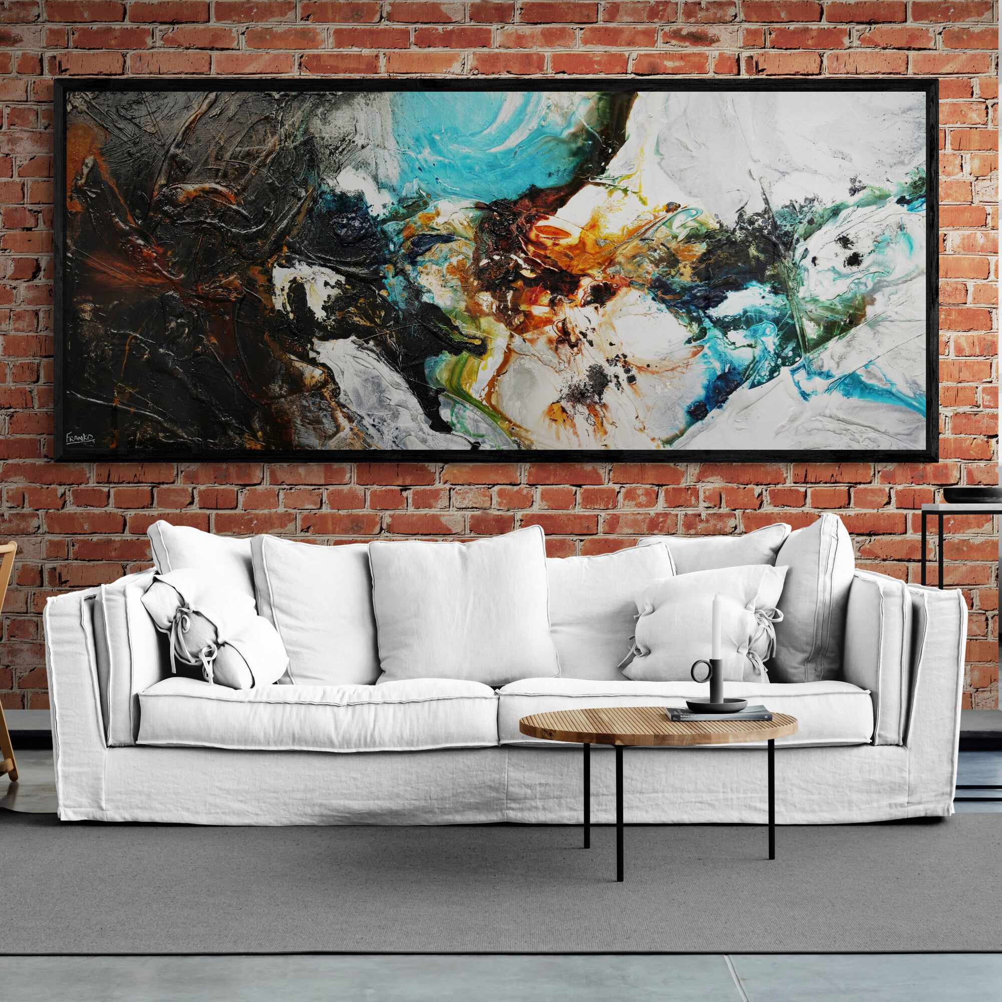 240cm x 100cm Black White Teal Textured Abstract Canvas Wall Art - Modern Natural Potion Painting for Living Room, Bedroom & Office Decor
