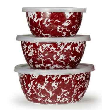 Vintage Red Swirl Enamelware Nesting Bowls - Set of 3 Stackable Mixing Bowls for Baking, Serving & Kitchen Storage | Durable & Stylish for Camping, Picnics & Home Decor