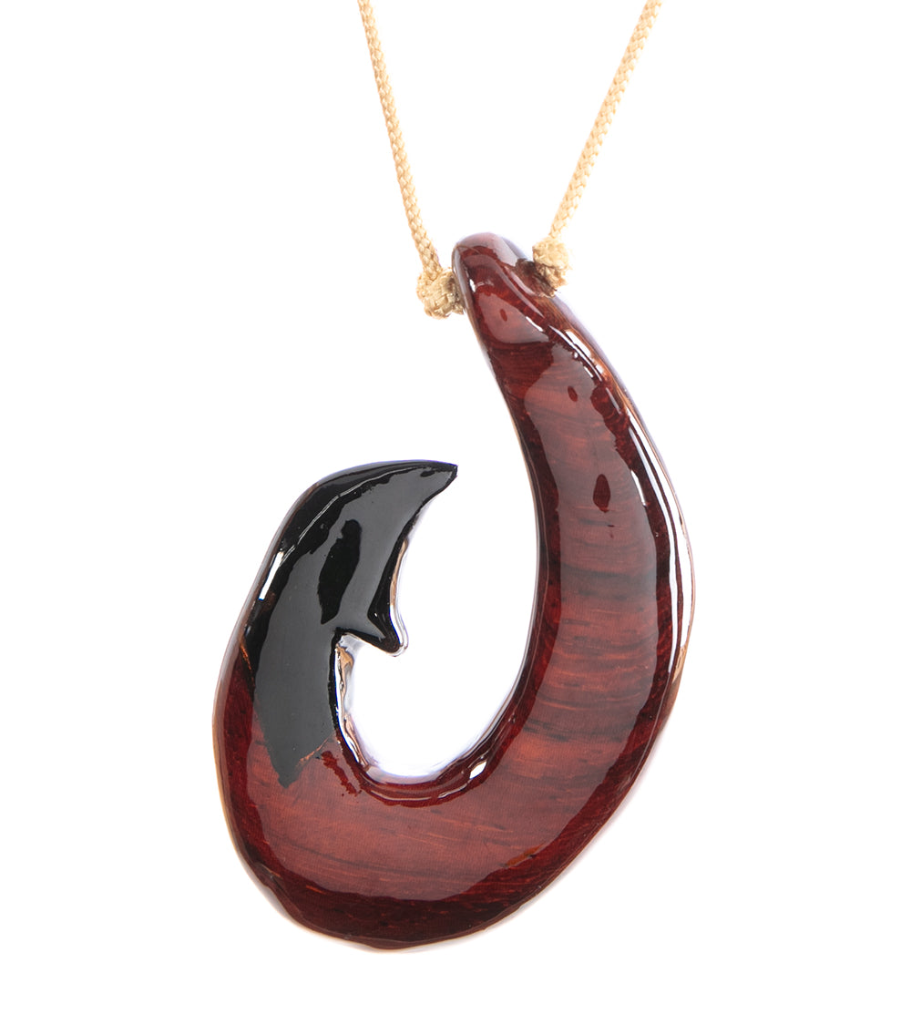 Handcrafted Paduk and Ebony Wood Ulua Hook Pendant - Hawaiian Style Necklace for Men & Women - Perfect for Beach, Surfing, and Outdoor Adventures