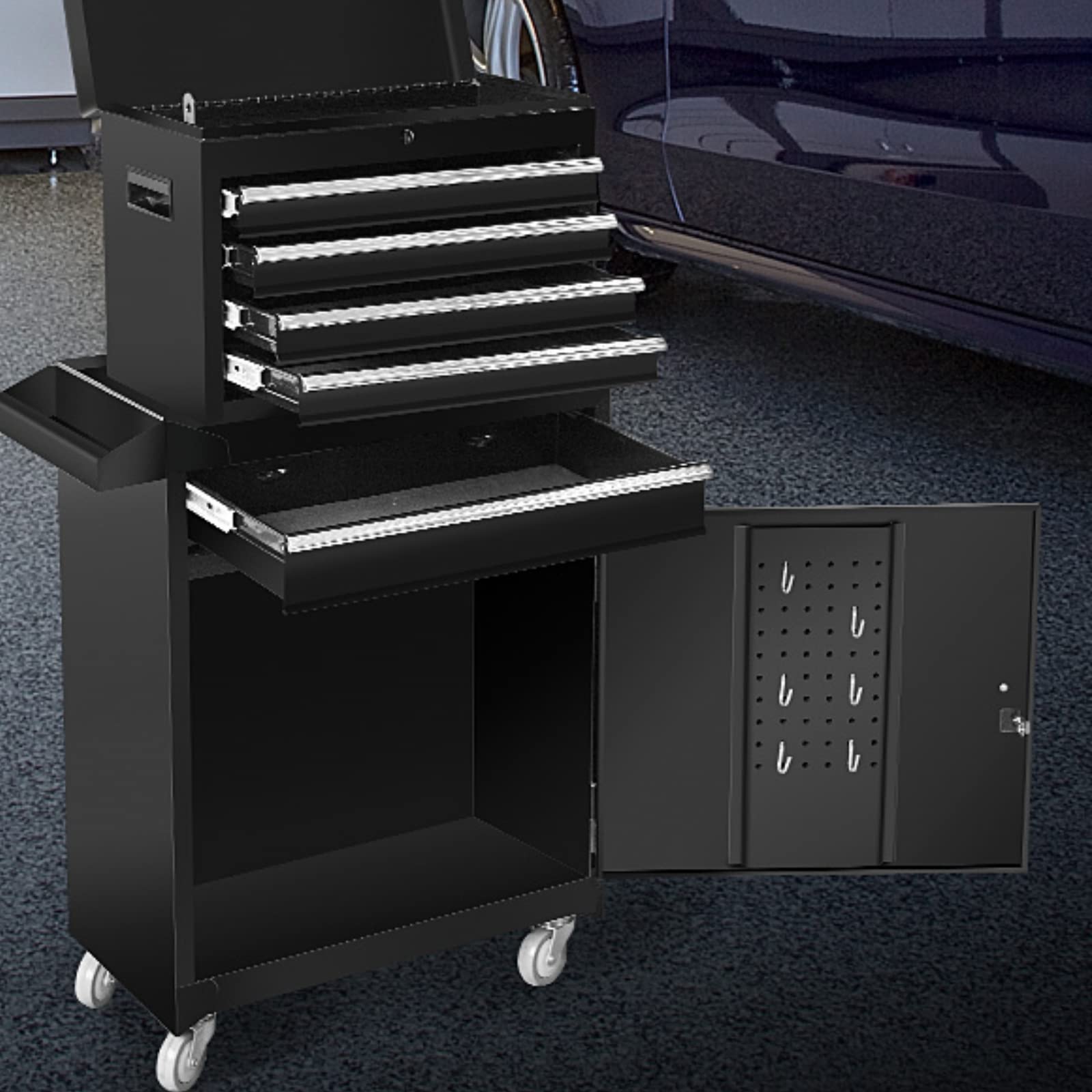 TCE 4-Drawer Rolling Tool Chest with Lock | Heavy Duty 2-in-1 Detachable Tool Box & Storage Cabinet | Sliding Drawers & Adjustable Shelf | Perfect for Garage, Workshop, Warehouse Organization | Black (ATBT1204T-BLACK) | Ideal for DIY Projects, Auto Repair & Professional Tool Storage
