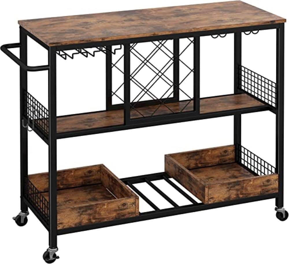 Industrial Vintage Brown Kitchen Serving Bar Cart with Wine Rack & Glass Holder - Mobile Trolley with Wheels for Home, Dining Room, or Outdoor Entertaining