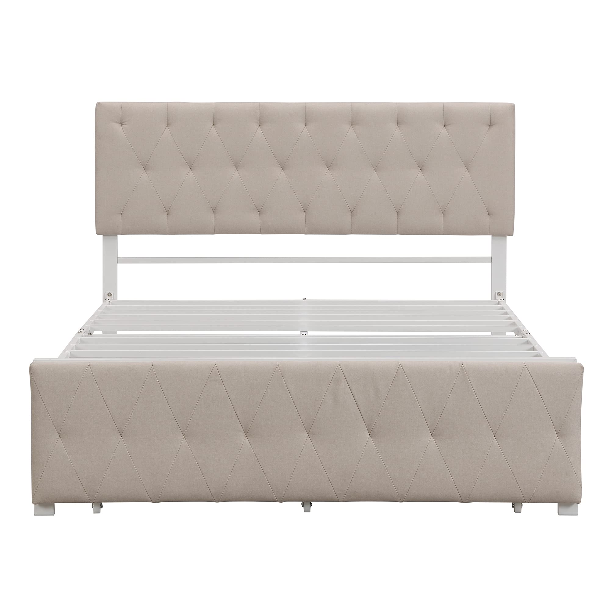 Upholstered Headboard Bed Frame with Storage Drawer - Full Size Metal Platform Bed, Heavy Duty Steel Mattress Foundation, Easy Assembly (Beige) | Perfect for Small Bedrooms, Guest Rooms & Apartments