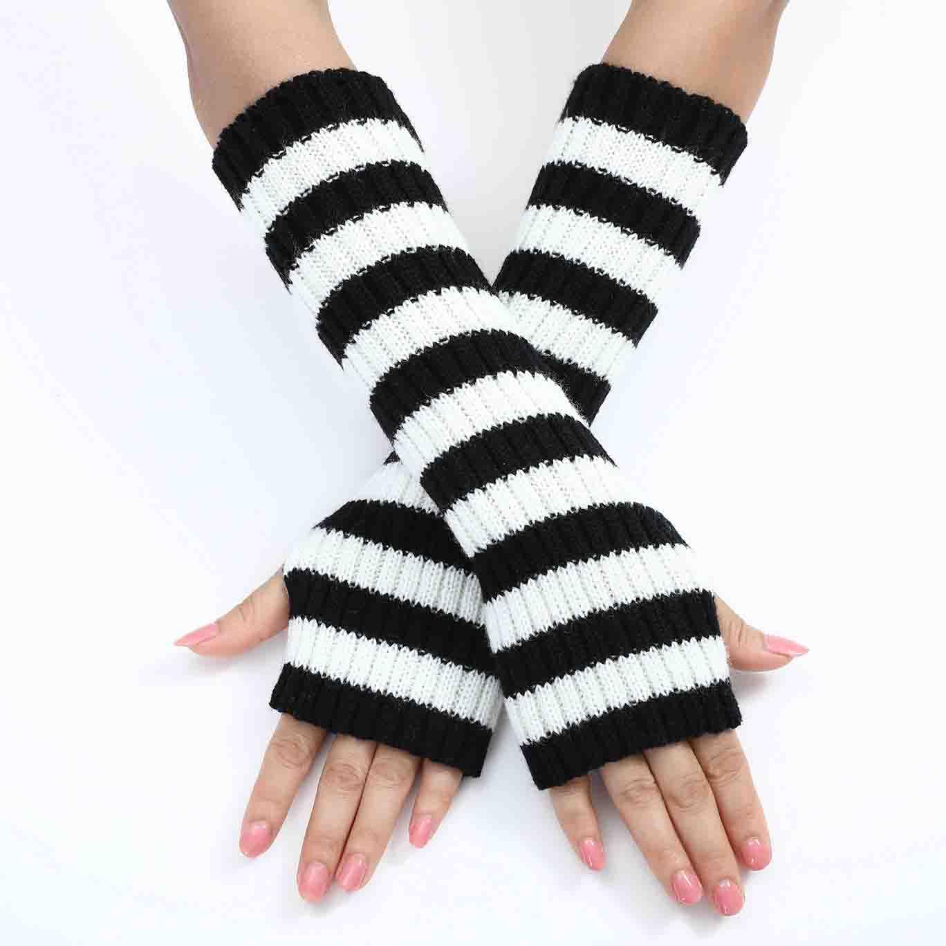 BXCNCKD Grunge Gloves - Fairy Grunge Crochet Arm Warmers with Zebra Stripes | Aesthetic Goblincore Accessories for Alternative Fashion & Gothic Outfits