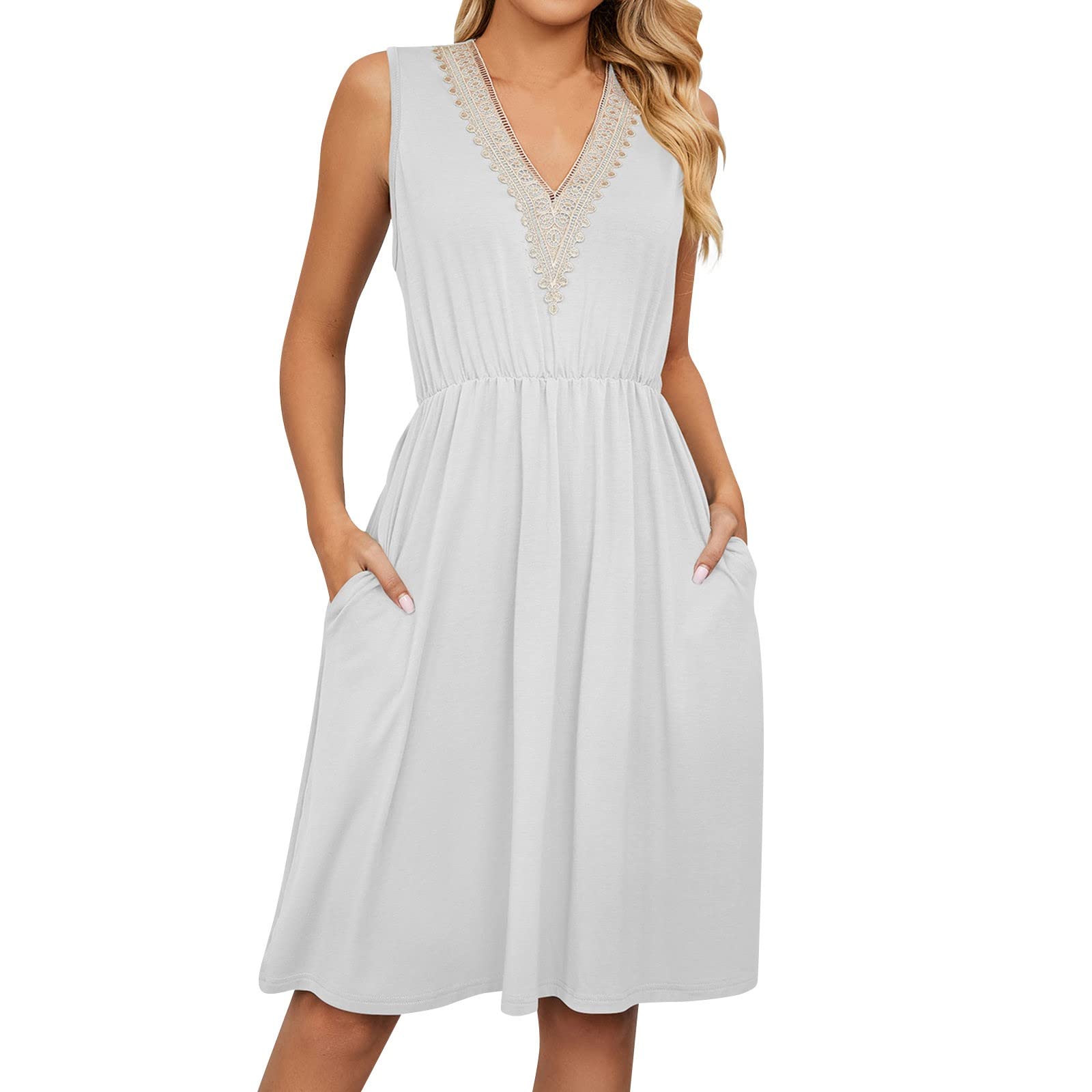 ZYXTIM Women's V-Neck Sleeveless Lace Trim Midi Dress with Tassel Belt & Pocket - Summer Party Evening Cocktail Dress for Weddings, Date Nights & Special Occasions