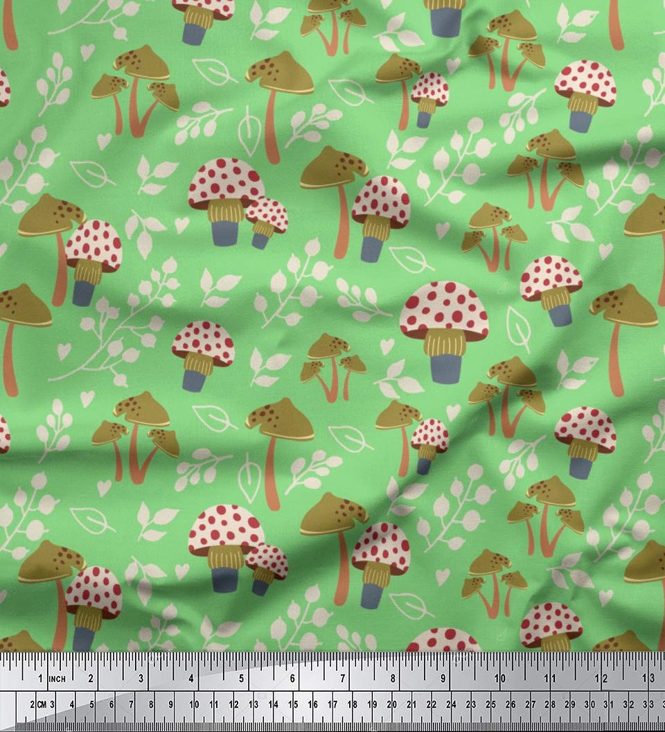 Soimoi 42 Inch Wide Green Polyester Crepe Fabric by The Yard - Leaves & Mushroom Botanical Tapestry Cloth with Earthy Patterns for Dresses, Curtains, DIY Crafts & Home Decor