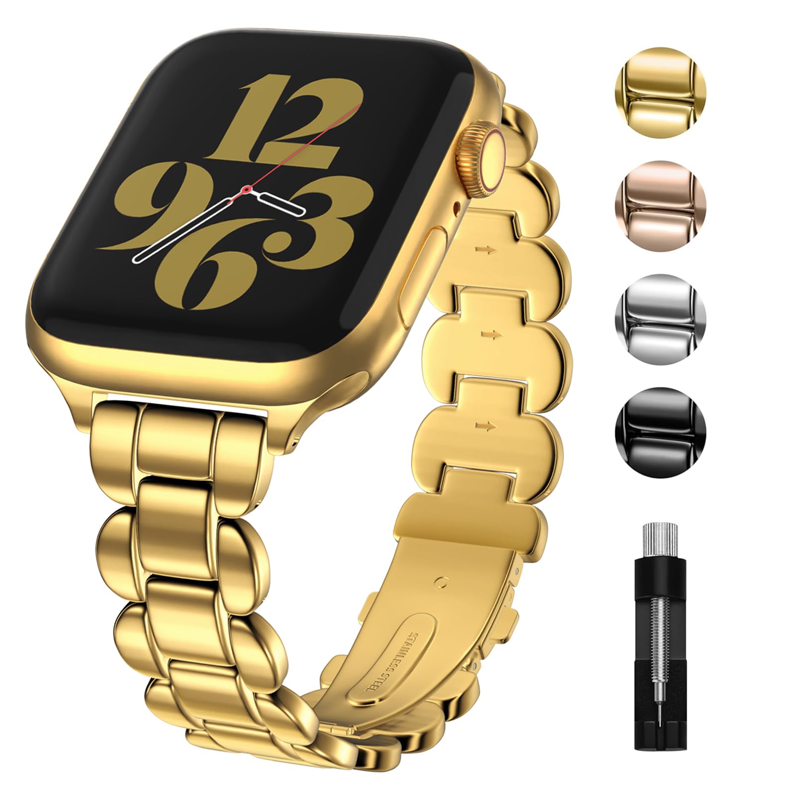 Fullmosa Stainless Steel Metal Band for Apple Watch Series 10 42mm, Series 9/8/7 41mm, SE2/SE/6/5/4 40mm, Series 3/2/1 38mm - Gold Women's Smartwatch Strap for Workout, Office & Everyday Wear