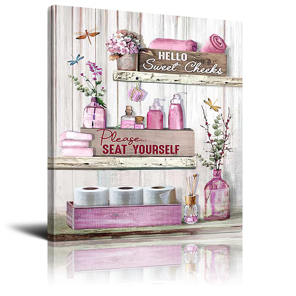 Rustic Bathroom Wall Art - 'Please Seat Yourself' Framed Canvas Print, Pink Modern Home Decor, 16x20 Inch Ready to Hang - Perfect for Bathroom, Powder Room & Farmhouse Style Interior Design