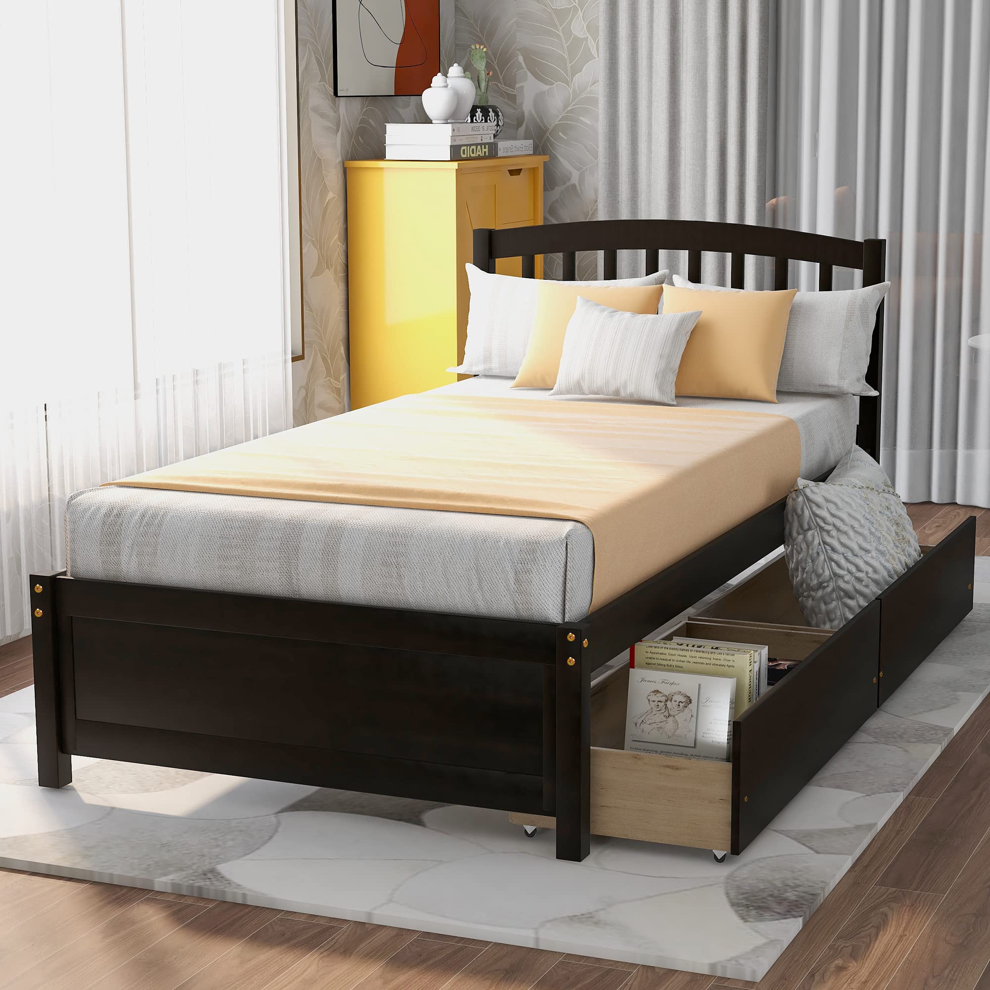 Harper & Bright Designs Solid Wood Twin Size Platform Bed Frame with Headboard & 2 Storage Drawers - Slat Support for Teens & Adults (Espresso) - Perfect for Small Bedrooms, Guest Rooms & Dormitories