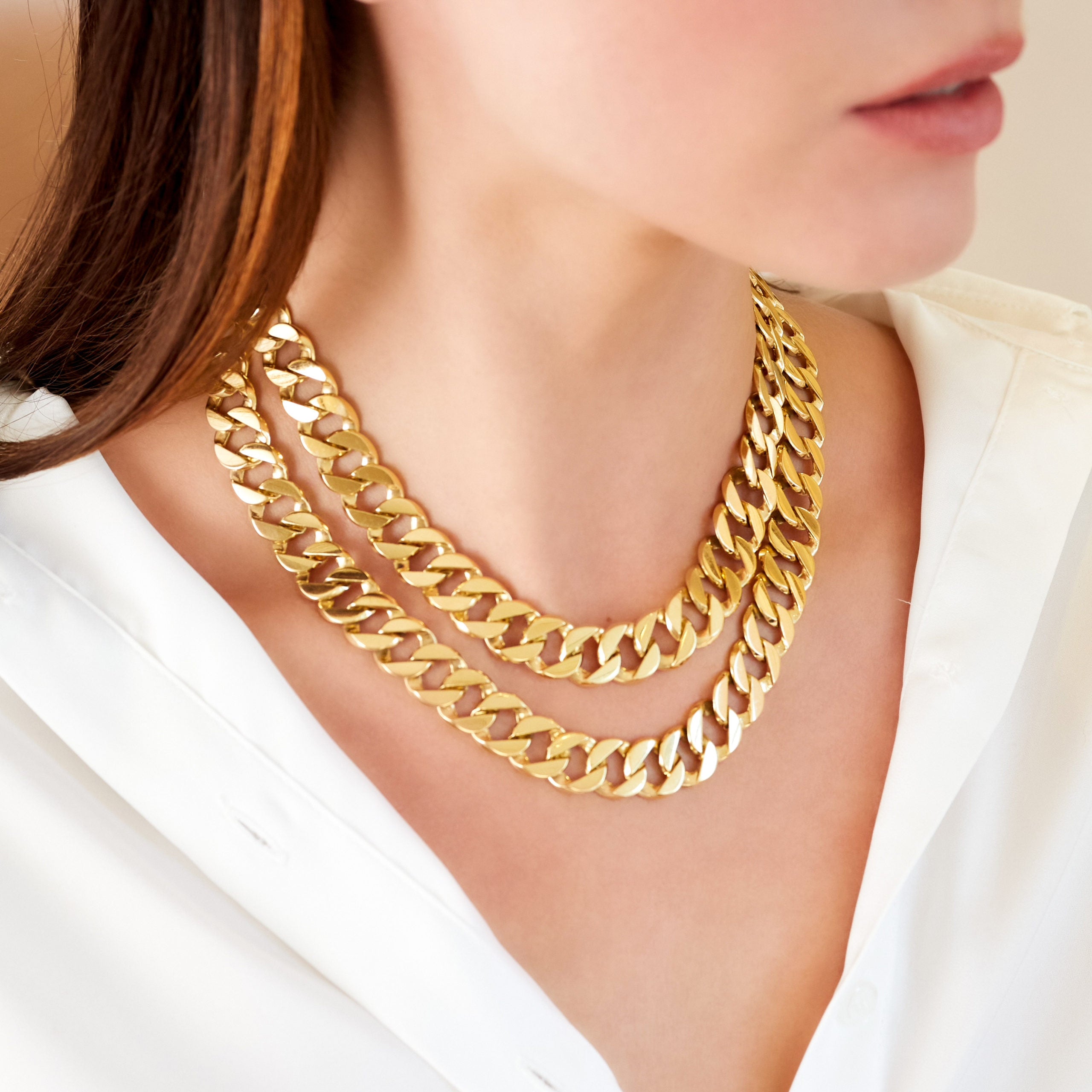Double Wrap Curb Link Necklace for Women - 18K Gold Plated Stainless Steel Chunky Chain Layered Necklace - Perfect for Everyday Wear, Date Night & Gift Giving