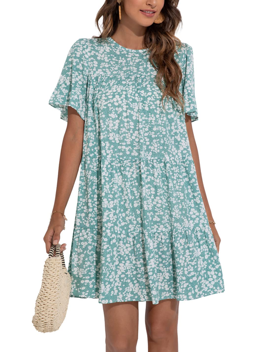 Locachy Women's Summer Floral Print Ruffle Sleeve Pleated Mini Dress - Casual Round Neck Sundress for Beach, Vacation & Date Night