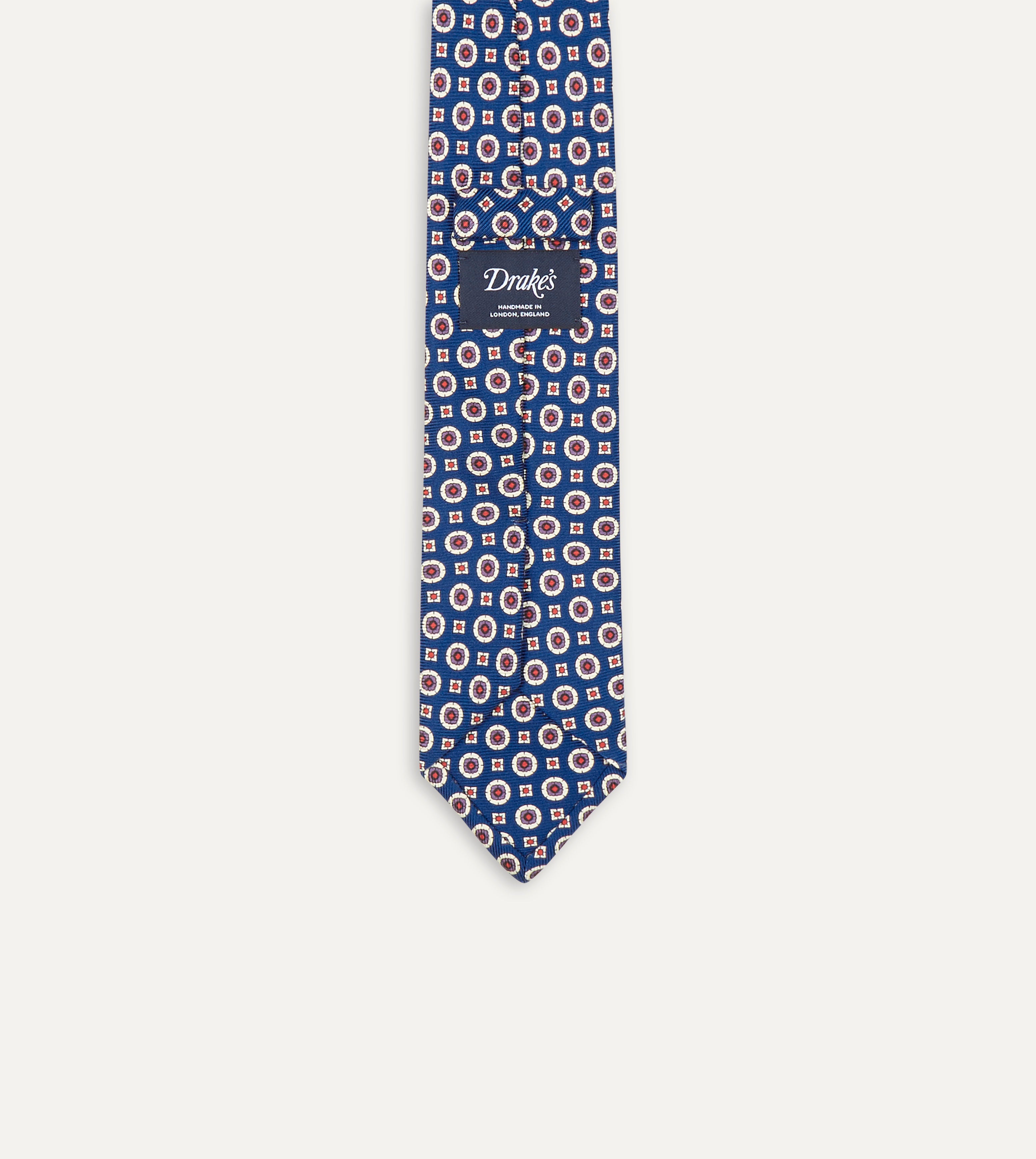 Blue and Red Geometric Medallion Print Silk Foulard Tie for Men - Elegant Designer Necktie for Business, Weddings & Formal Occasions