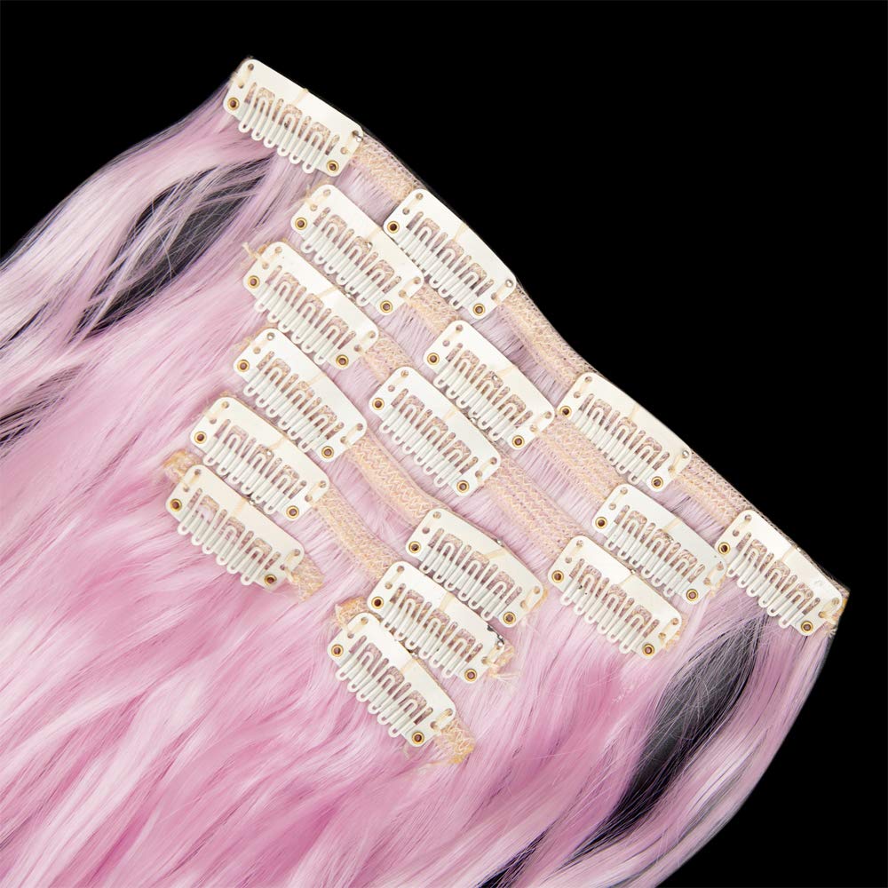 LELINTA 7Pcs 16 Clips 24 Inch Wavy Curly Clip-in Hair Extensions - Double Weft Full Head Human Hair - Light Pink for Volume & Length - Perfect for Parties, Weddings & Daily Styling