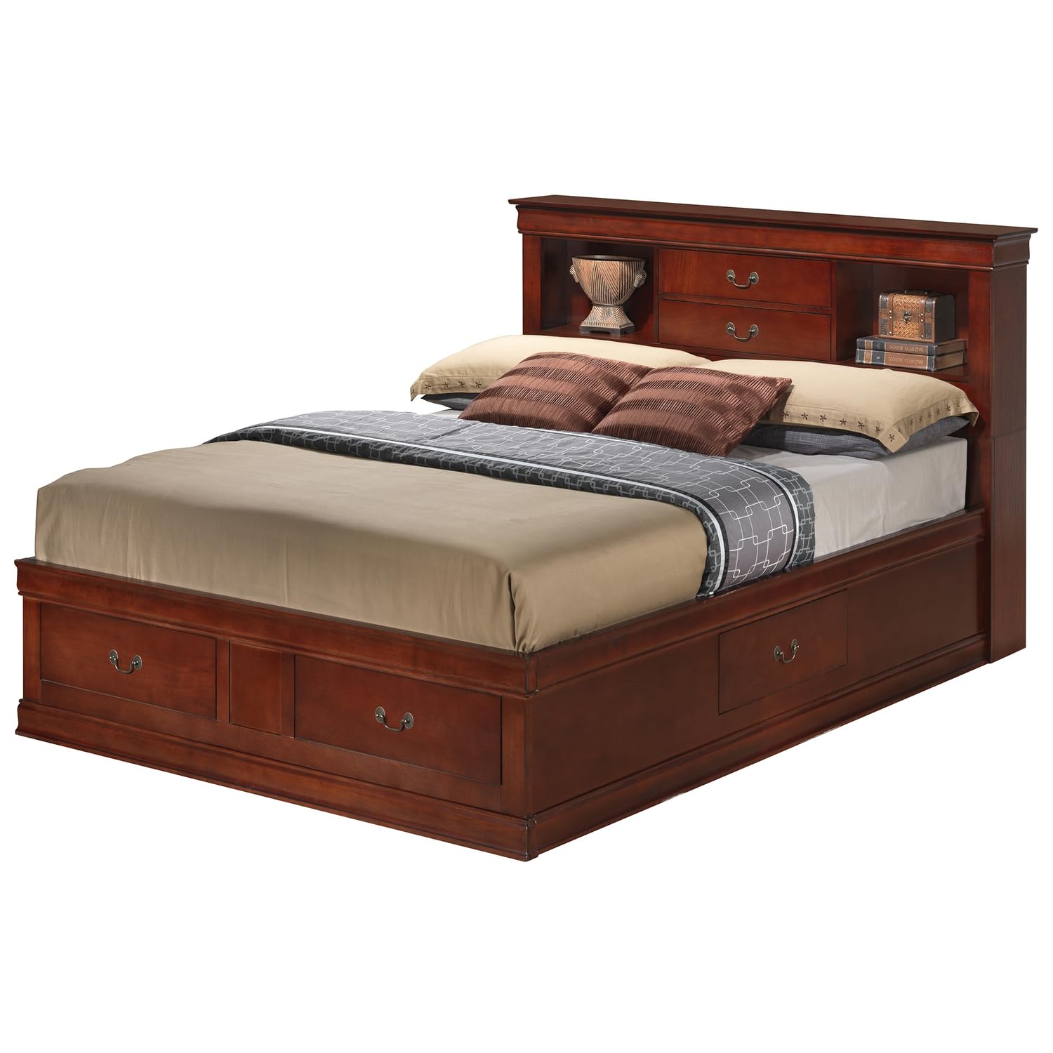 Louis Philippe Cherry King Storage Platform Bed - Modern Indoor Bedroom Furniture with Elegant Design for Home Decor | Perfect for Master Bedrooms, Guest Rooms & Small Spaces