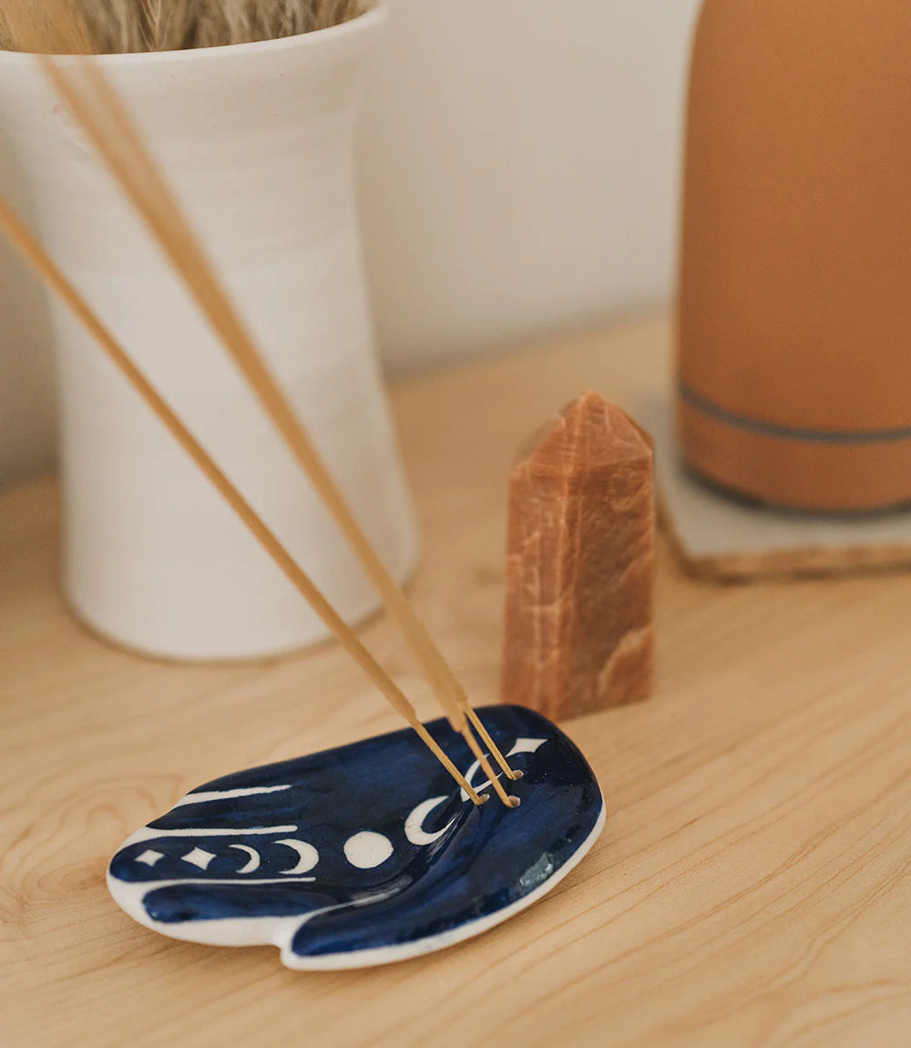 Hamsa Hand Moon Phase Ceramic Incense Burner Holder - Boho Home Decor for Meditation, Yoga & Spiritual Relaxation