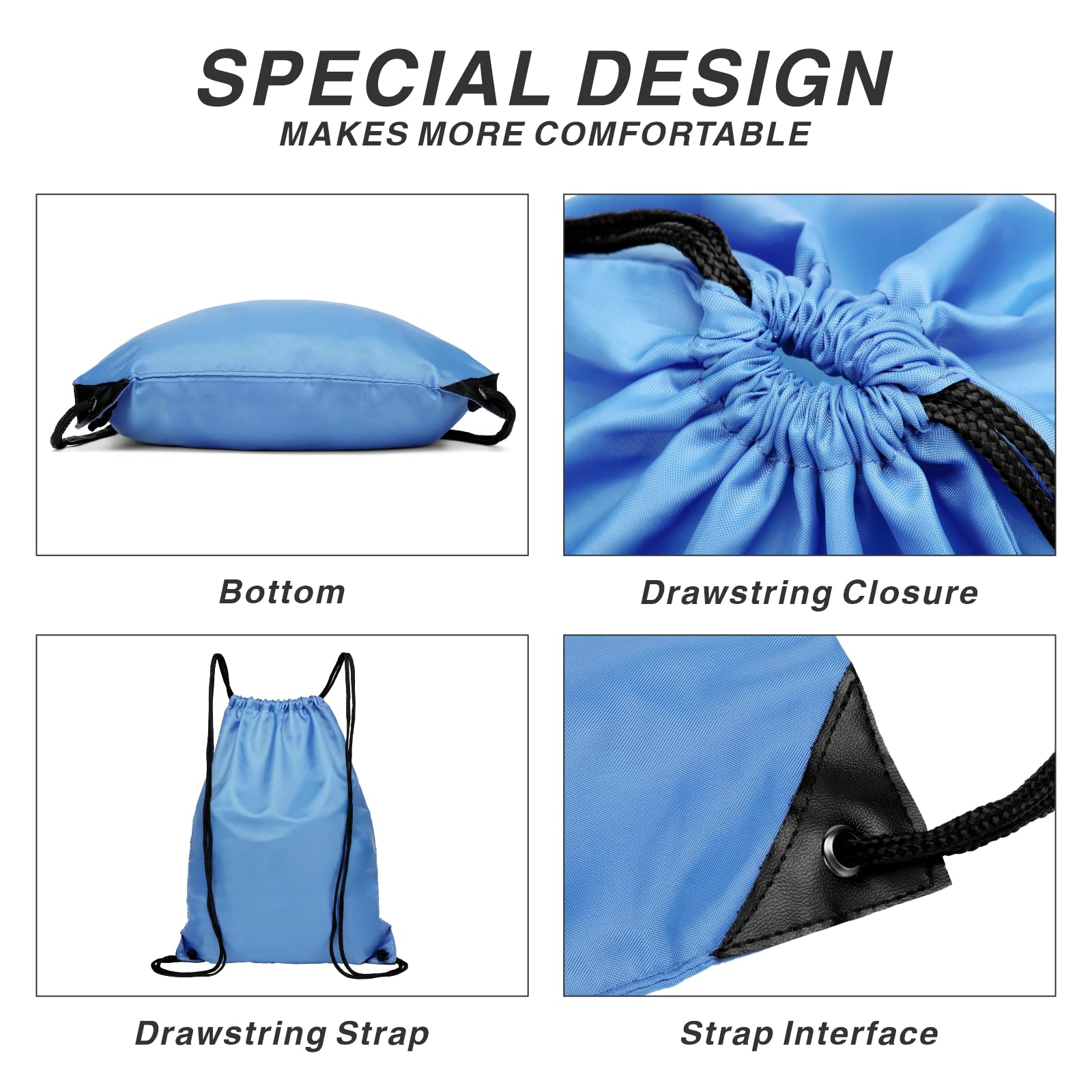 Lightweight 210D Nylon Drawstring Backpack - Foldable Sports Gym Bag with Zipper Side Pocket for Men & Women (Baby Blue) - Perfect for Workouts, Travel & School Essentials
