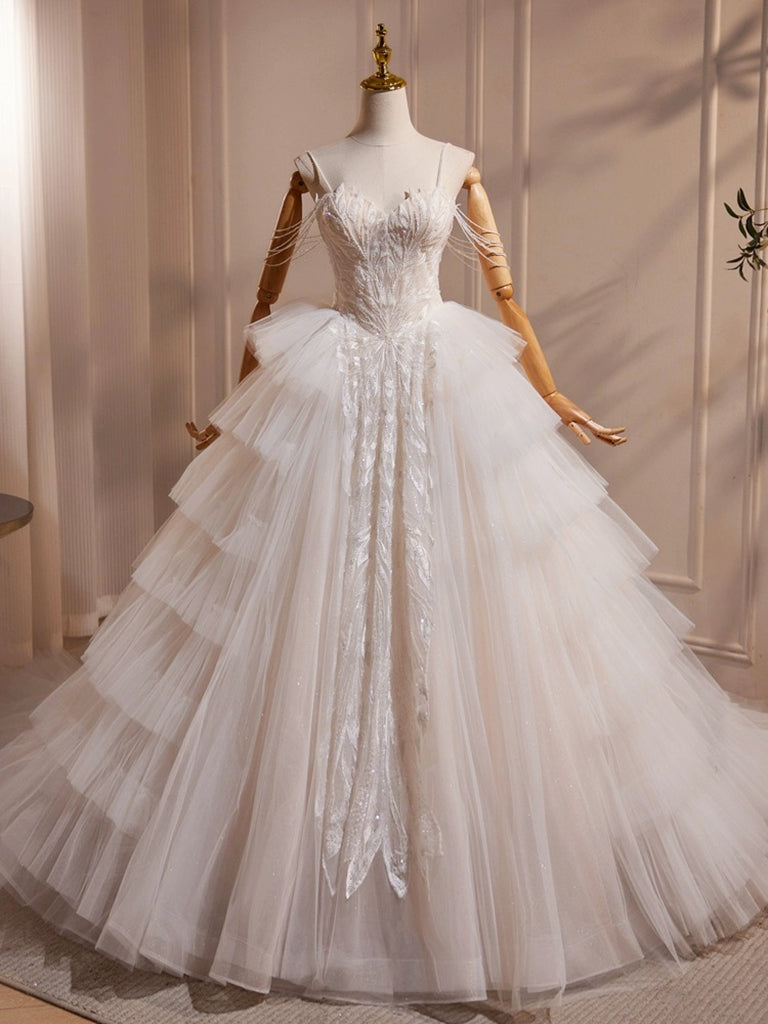 Elegant A-Line Sweetheart Neck Tulle Lace Light Champagne Long Wedding Dress with Beaded Details - Perfect for Bridal Ceremonies, Formal Events & Romantic Photos