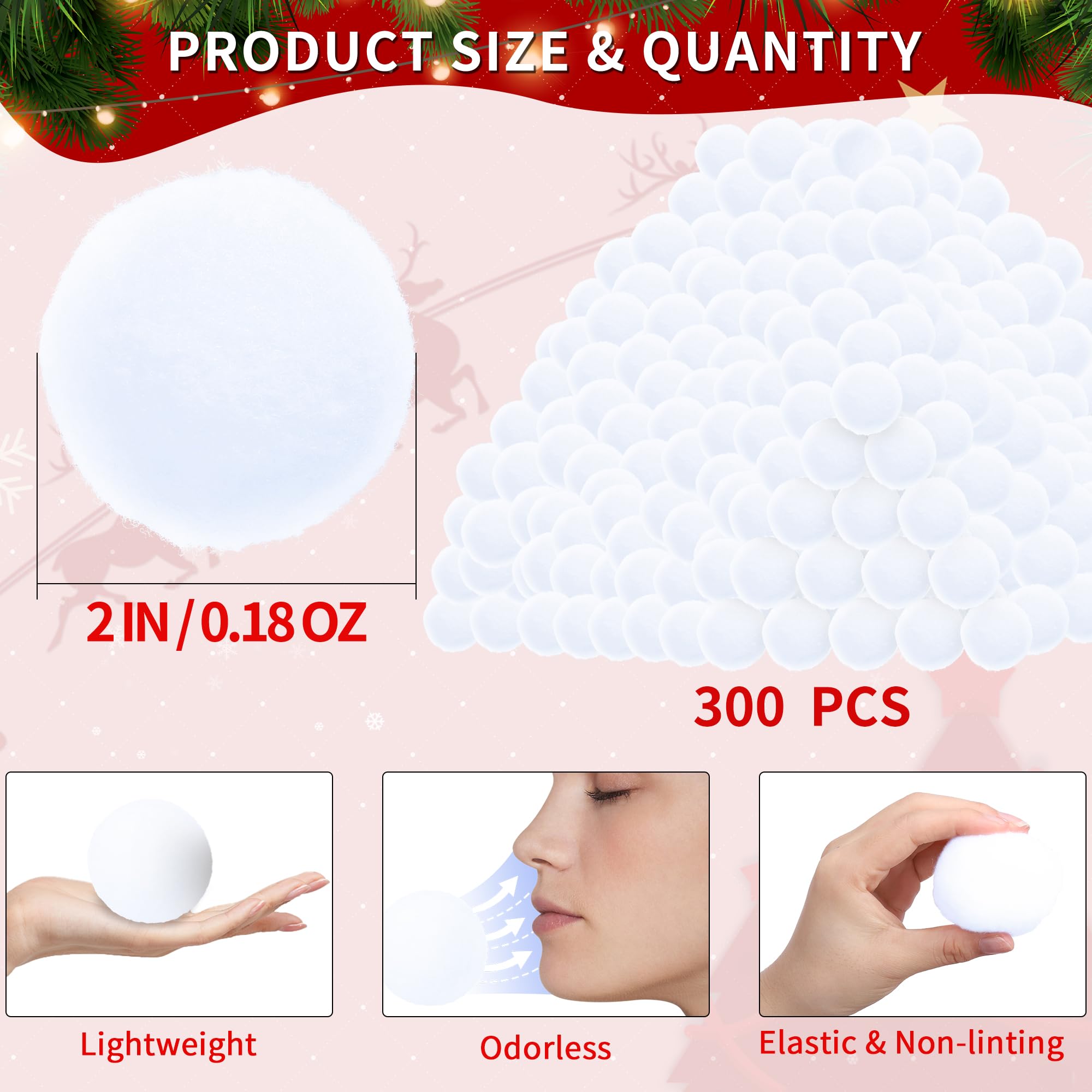 300 Pack Soft Artificial Fake Snow Balls for Kids - Indoor/Outdoor Winter Snowball Fight Game Set - Safe Plush Snowballs for Family Fun, Christmas Party Decor & Parent-Child Activities (Great for Holiday Gatherings & Winter Playtime)