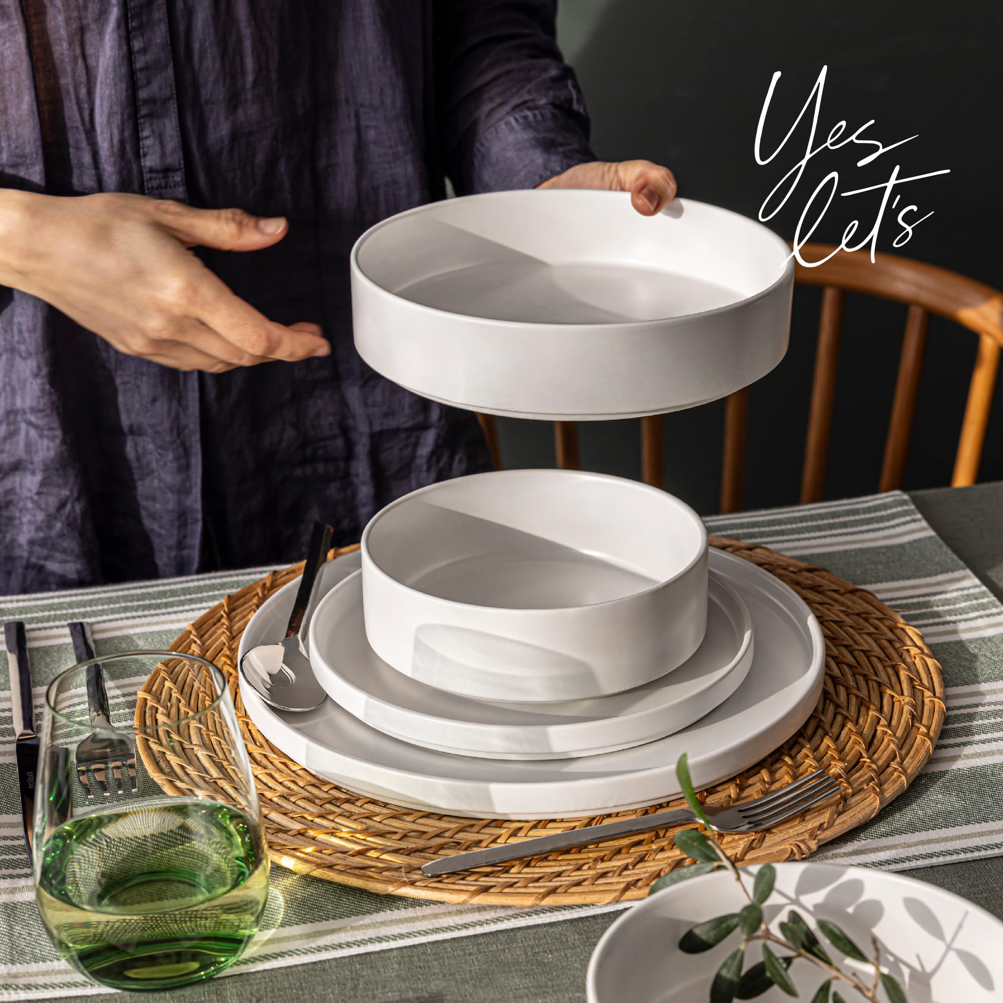 16-Piece Stackable Stoneware Dinnerware Set - Includes 4 Dinner Plates, 4 Salad Plates, 4 Cereal Bowls & 4 Soup Bowls - All-Occasion White Dish Set for Everyday Dining & Entertaining - Durable Semi-Matte Finish for Family Meals, Dinner Parties & Restaurant-Style Serving